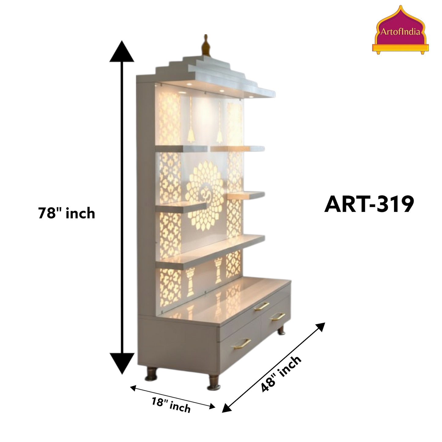 ARTOFINDIA White  Wooden Pooja Mandir With Om Acralyic Design Glass With  Drawers Included Tray