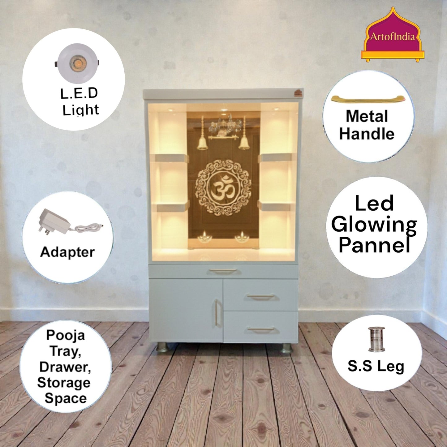 ARTOFINDIA White Wooden Pooja Mandir With Om Design Glass  and Drawers Included Tray
