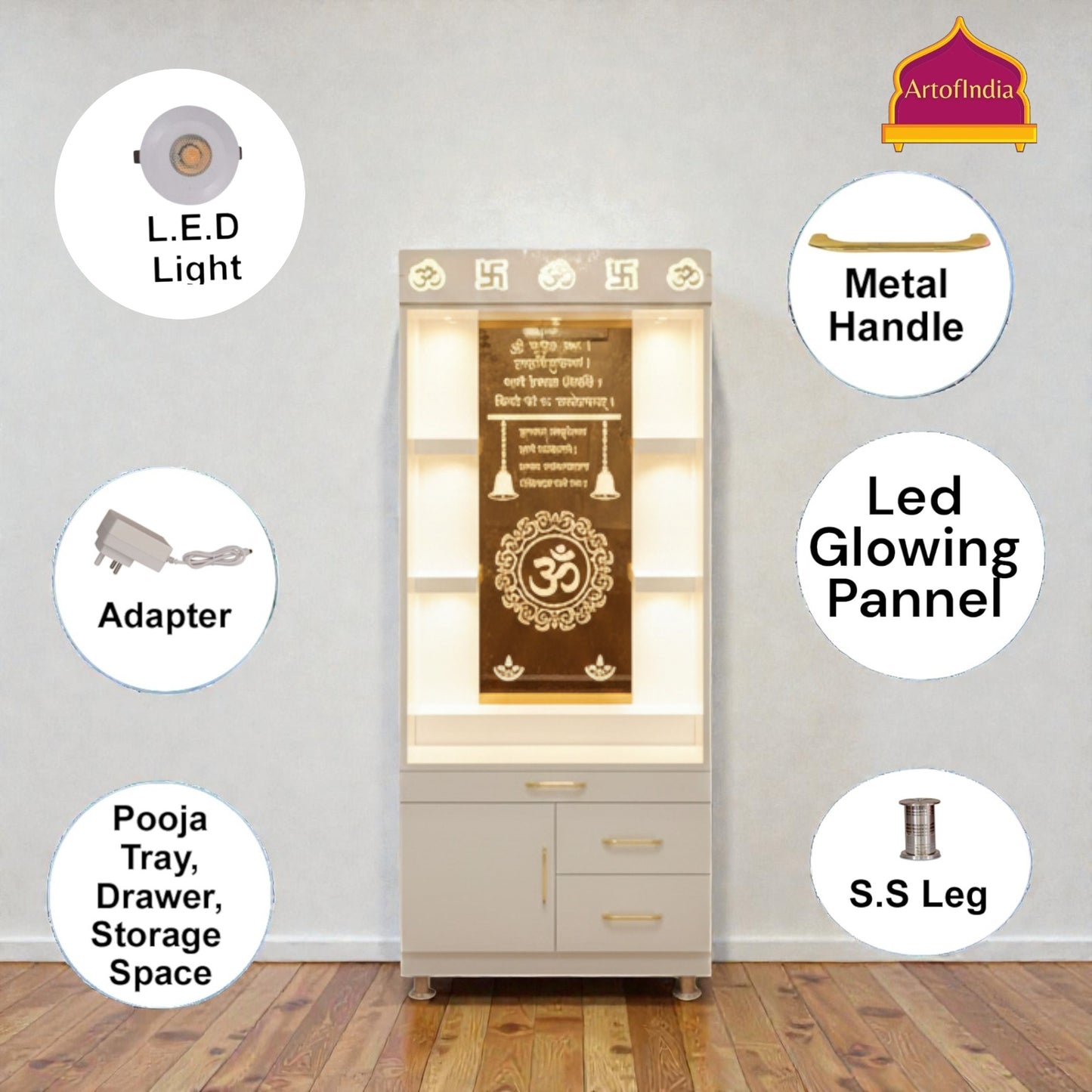 ARTOFINDIA White Wooden Pooja Mandir With Om Design Glass With  Drawers Included Tray