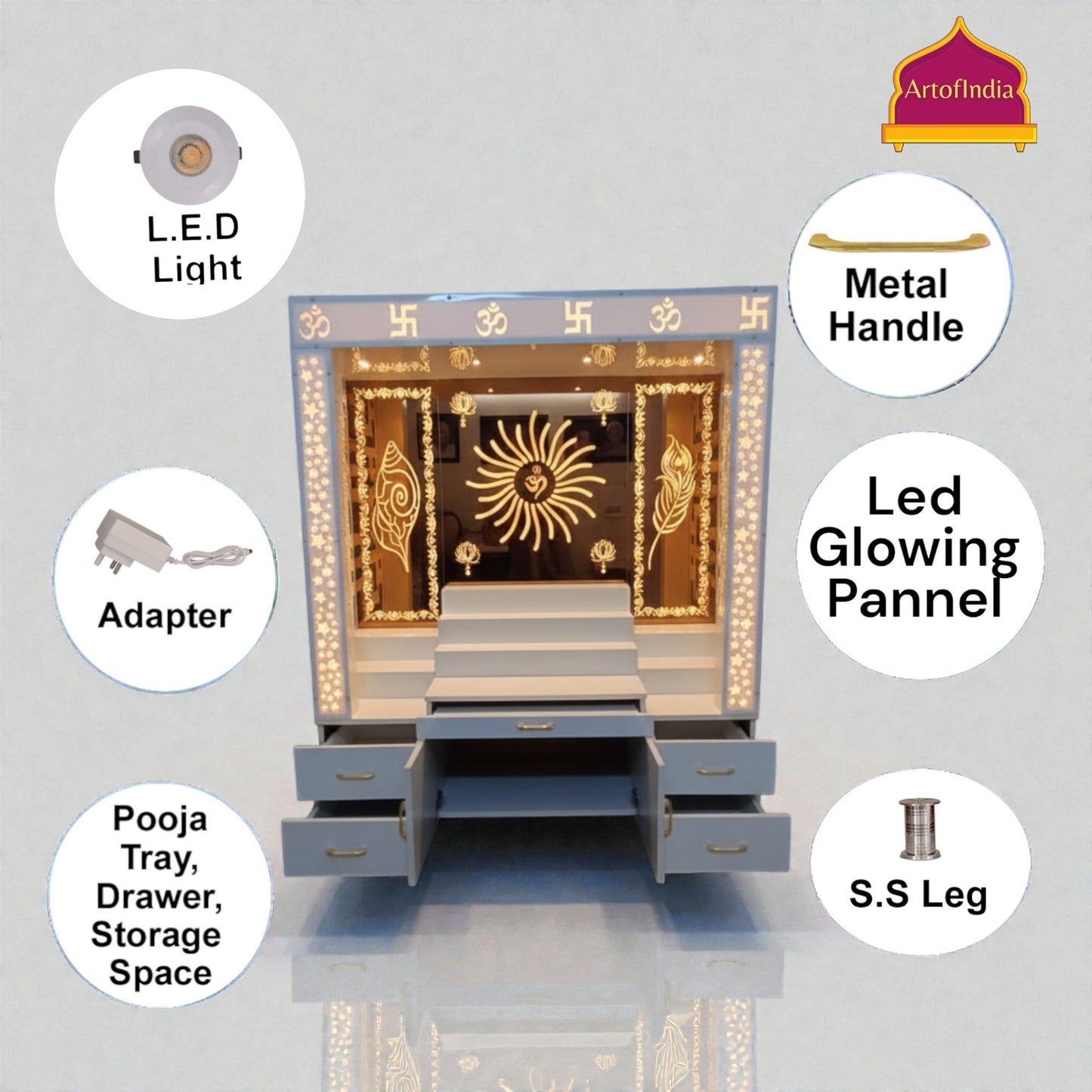 ARTOFINDIA White Wooden Pooja Mandir With Om Design Glass With  Drawers Included Tray
