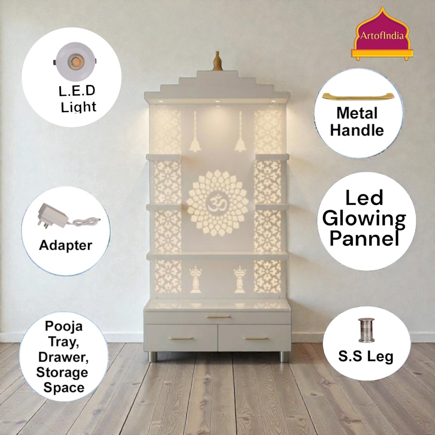 ARTOFINDIA White  Wooden Pooja Mandir With Om Acralyic Design Glass With  Drawers Included Tray