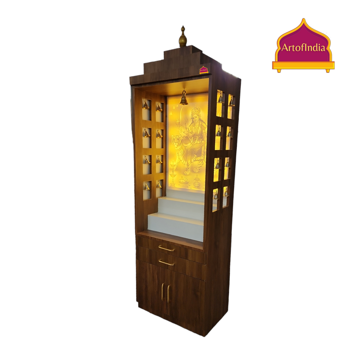 ARTOFINDIA Beautiful Corian Shera Wali MATA Wooden Pooja Mandir for Home/Office with Corian Marble Back Glowing Warm White Light