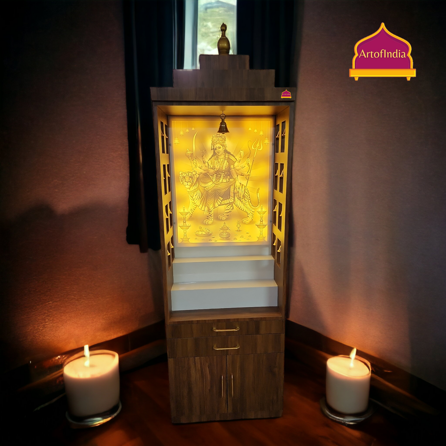 ARTOFINDIA Beautiful Corian Shera Wali MATA Wooden Pooja Mandir for Home/Office with Corian Marble Back Glowing Warm White Light