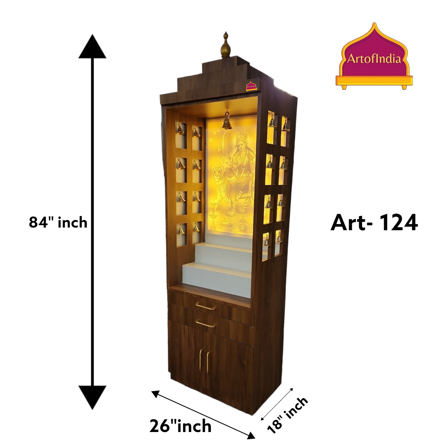 ARTOFINDIA Beautiful Corian Shera Wali MATA Wooden Pooja Mandir for Home/Office with Corian Marble Back Glowing Warm White Light