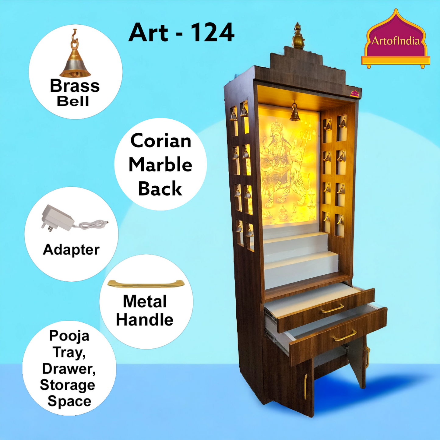 ARTOFINDIA Beautiful Corian Shera Wali MATA Wooden Pooja Mandir for Home/Office with Corian Marble Back Glowing Warm White Light