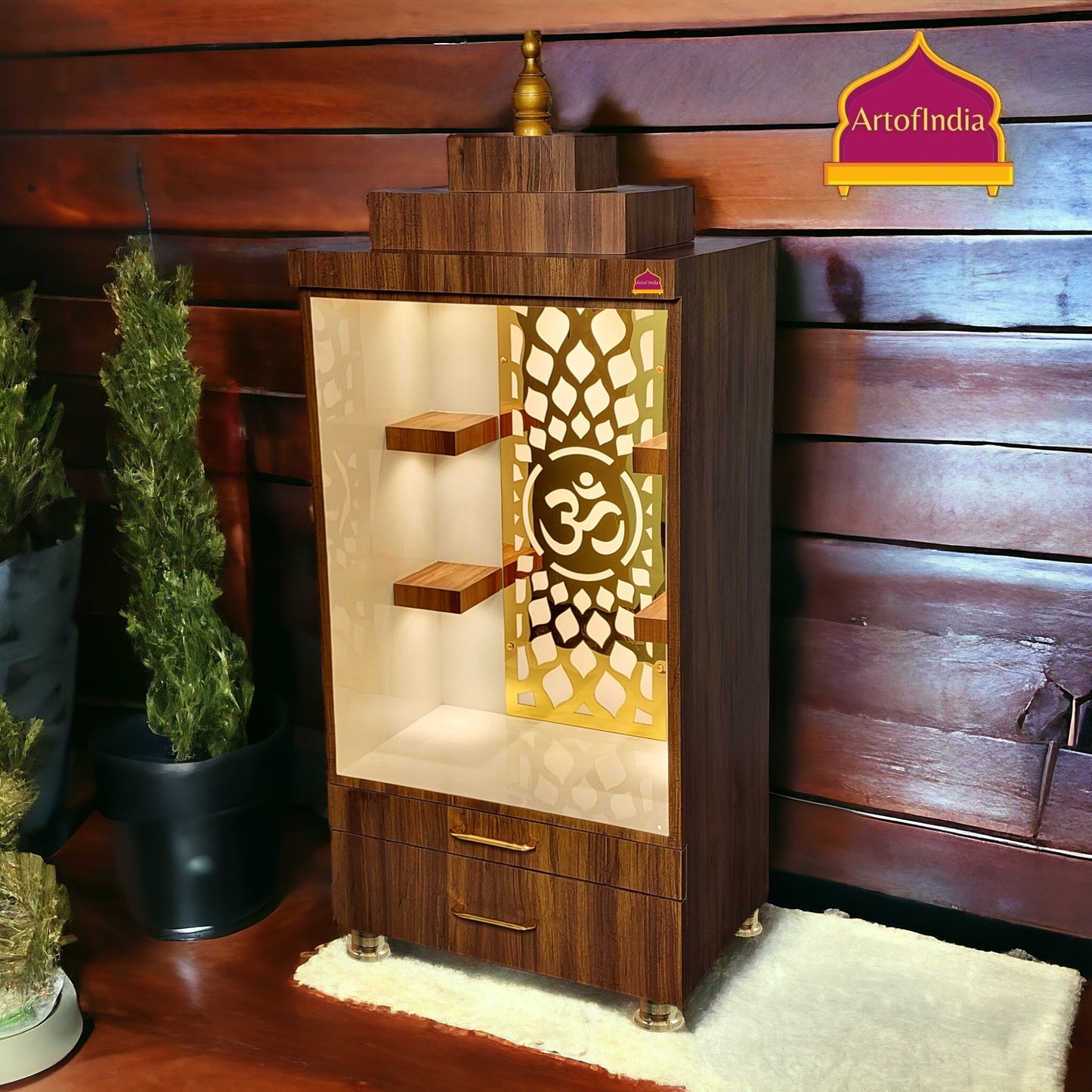 ARTOFINDIA/Beautiful Brown & White Designer Wooden Mandir With Shelfs For Home /Designer Temple