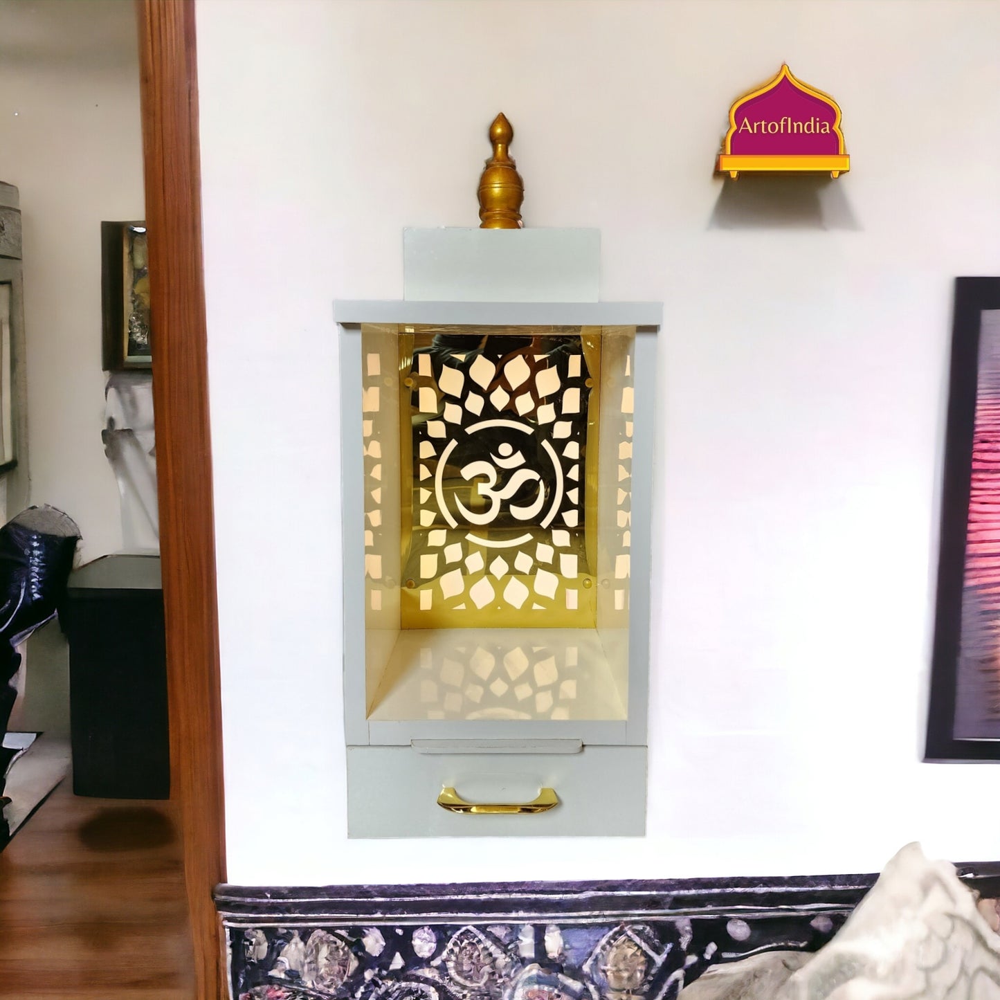 ARTOFINDIA Designer White Wooden Temple, Mandir for Home & Office,Designer Wooden Mandir with Lights Wall Hanging & Floor Mount