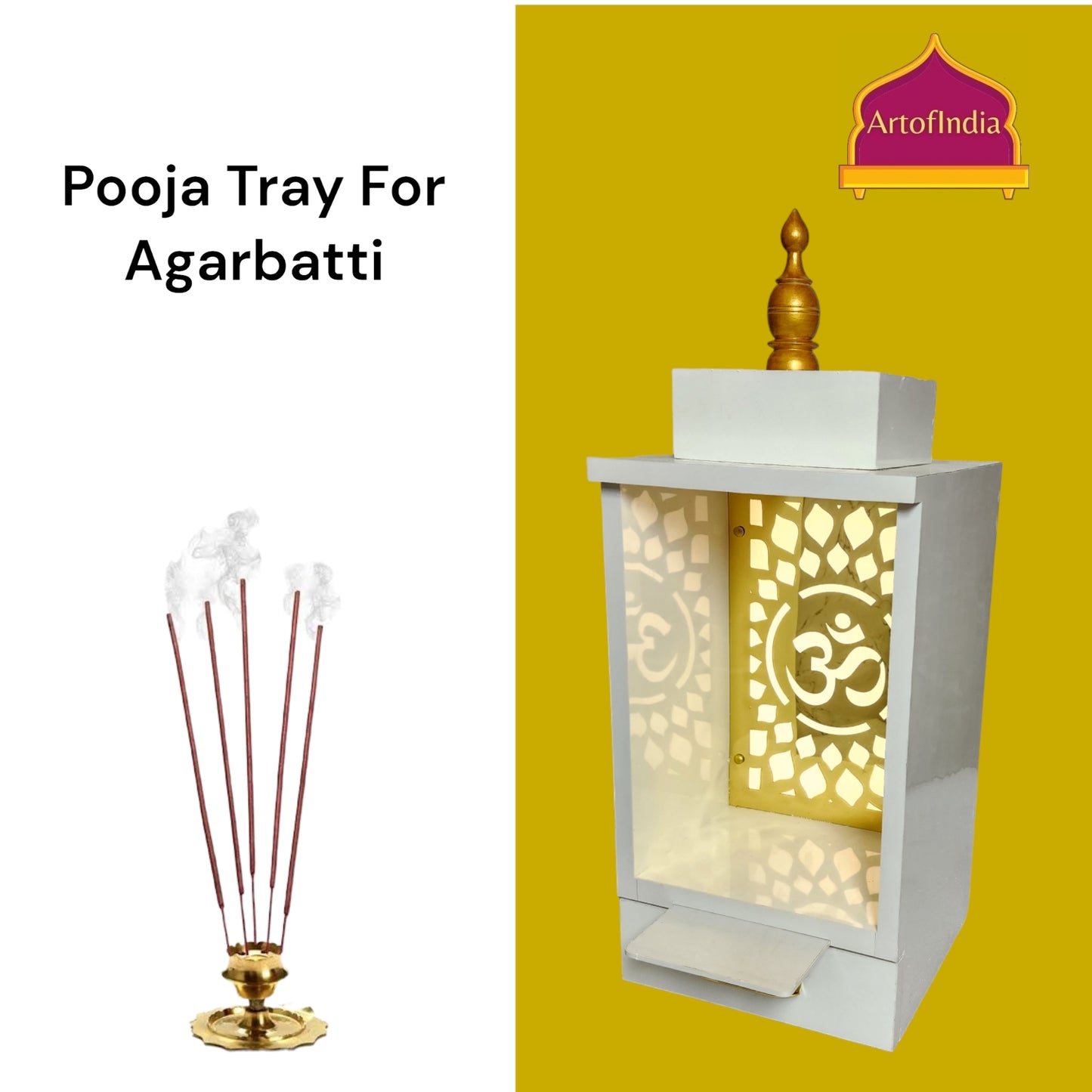 ARTOFINDIA Designer White Wooden Temple, Mandir for Home & Office,Designer Wooden Mandir with Lights Wall Hanging & Floor Mount