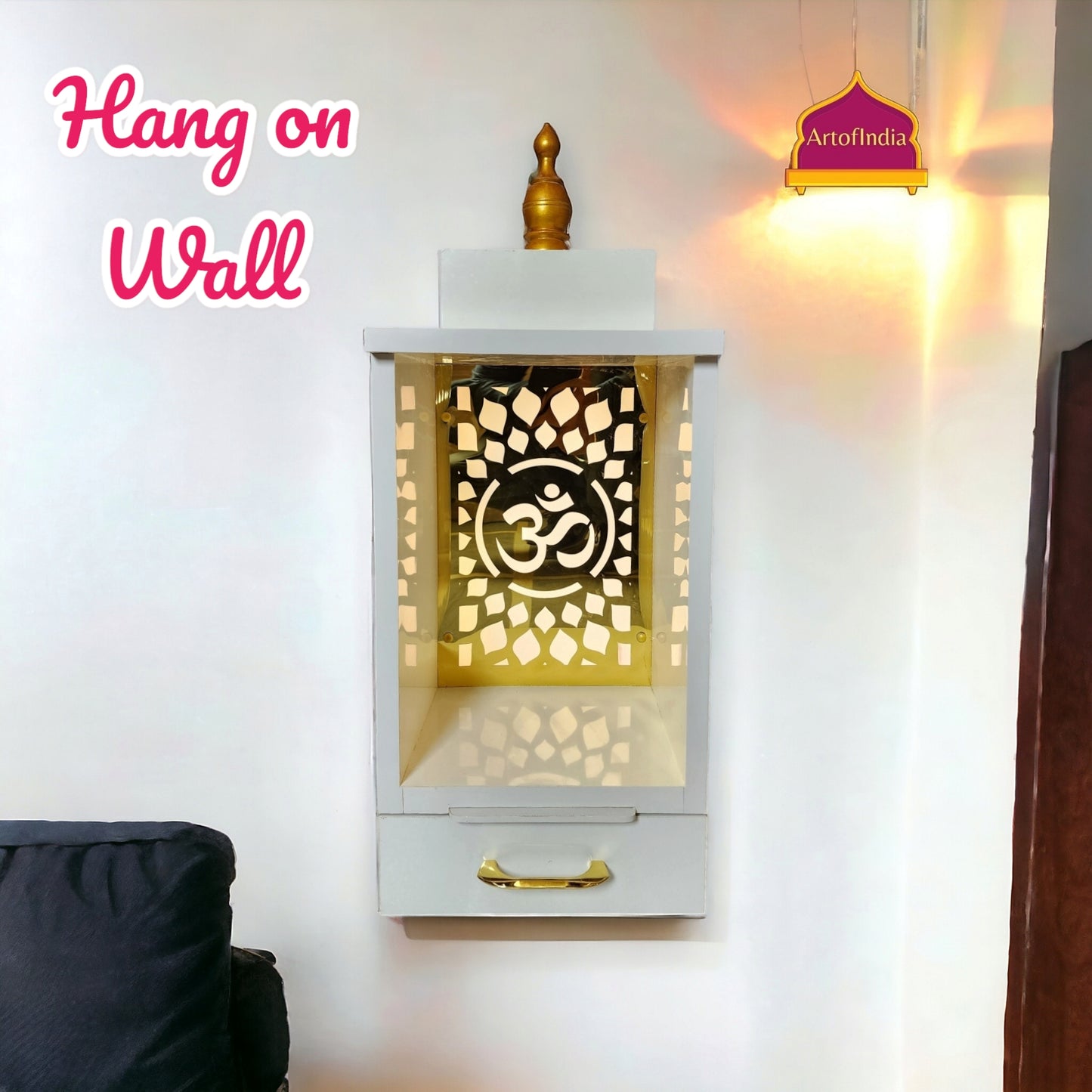 ARTOFINDIA Designer White Wooden Temple, Mandir for Home & Office,Designer Wooden Mandir with Lights Wall Hanging & Floor Mount