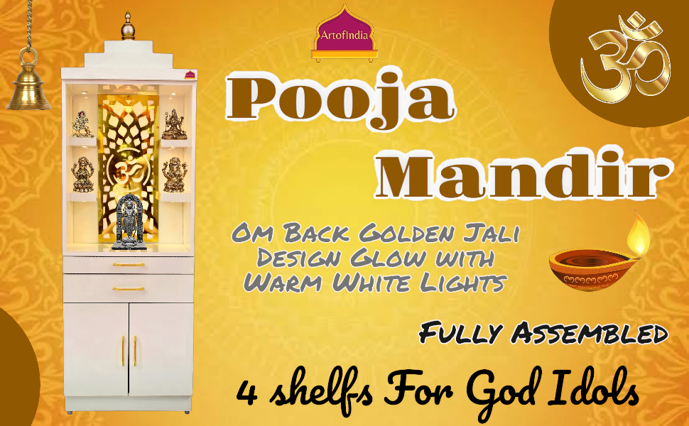 ARTOFINDIA White Wooden Pooja Mandir for Home/Temple for Office/Pooja Mandir with Om Golden Jali LED Warm White Light & 4 shelfs