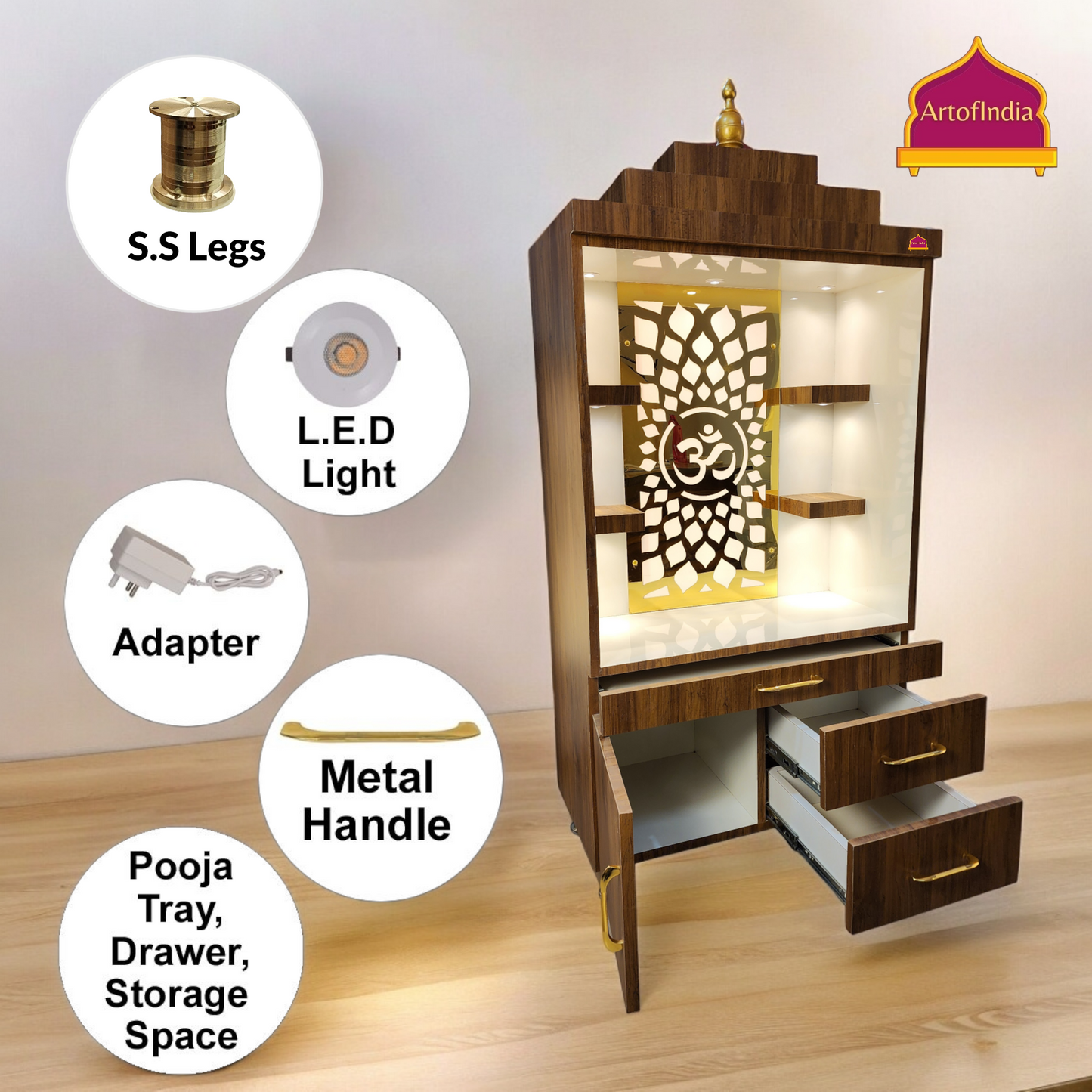 ARTOFINDIA/Beautiful Brown & White Designer Wooden Mandir With Shelfs For Home /Designer Temple