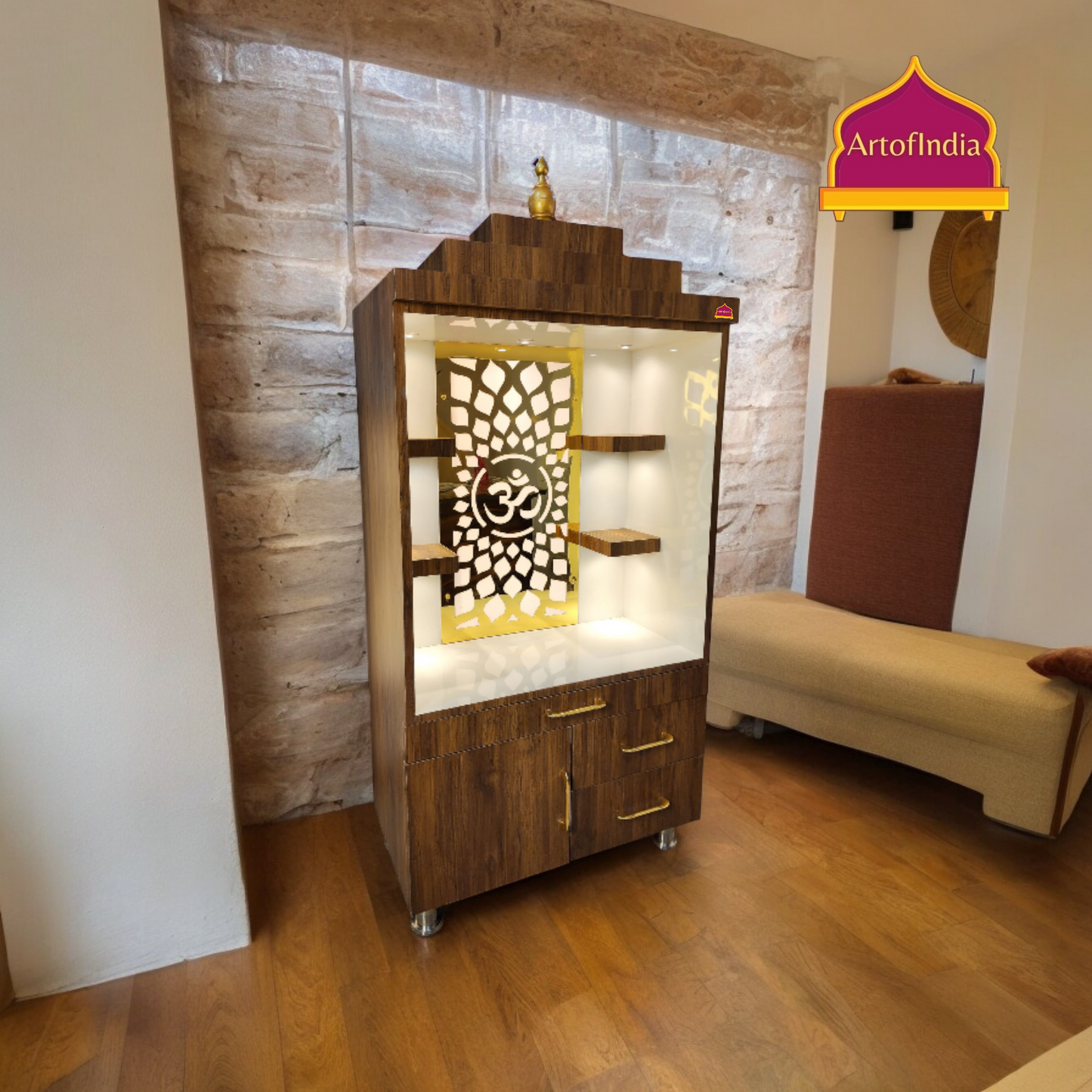 ARTOFINDIA/Beautiful Brown & White Designer Wooden Mandir With Shelfs For Home /Designer Temple