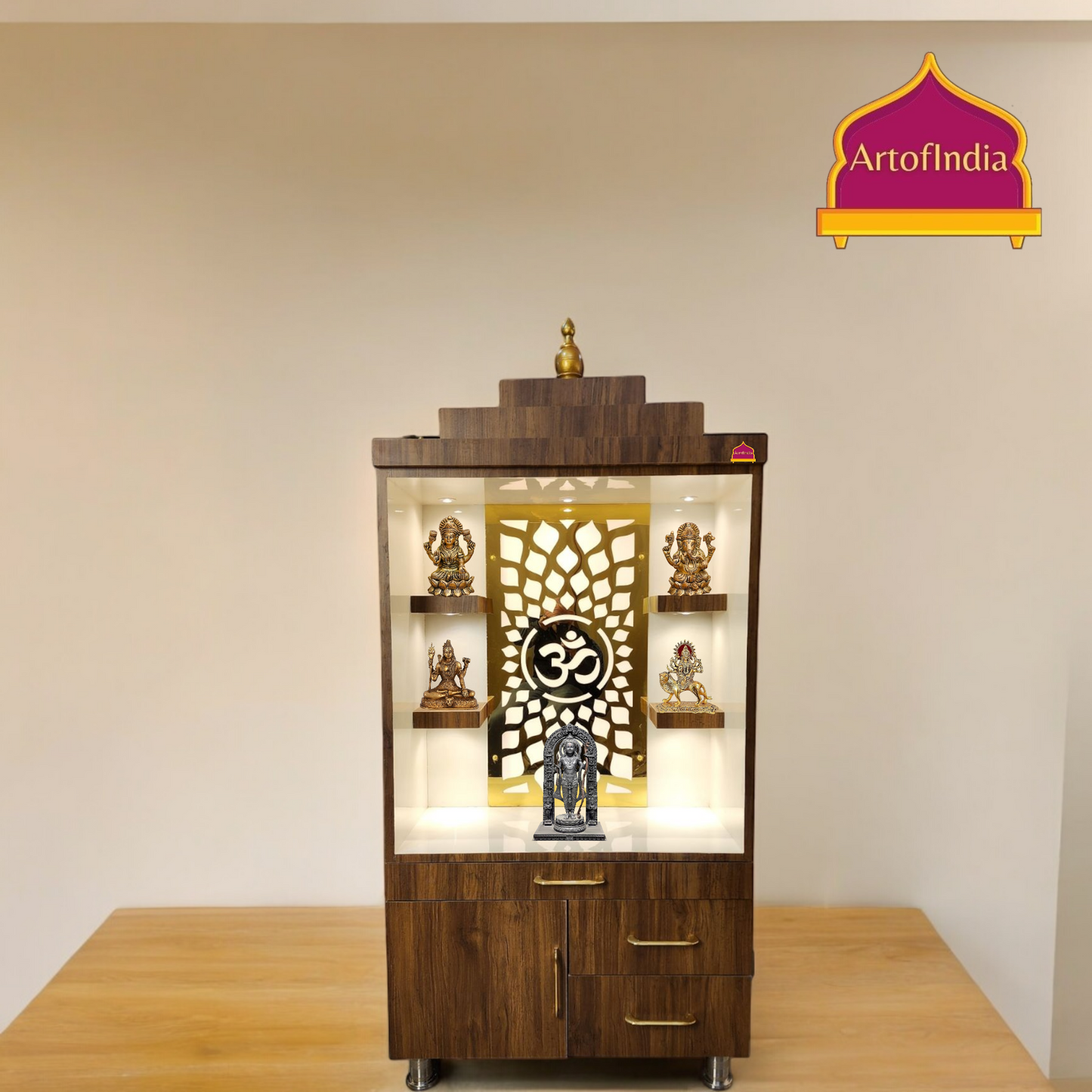 ARTOFINDIA/Beautiful Brown & White Designer Wooden Mandir With Shelfs For Home /Designer Temple