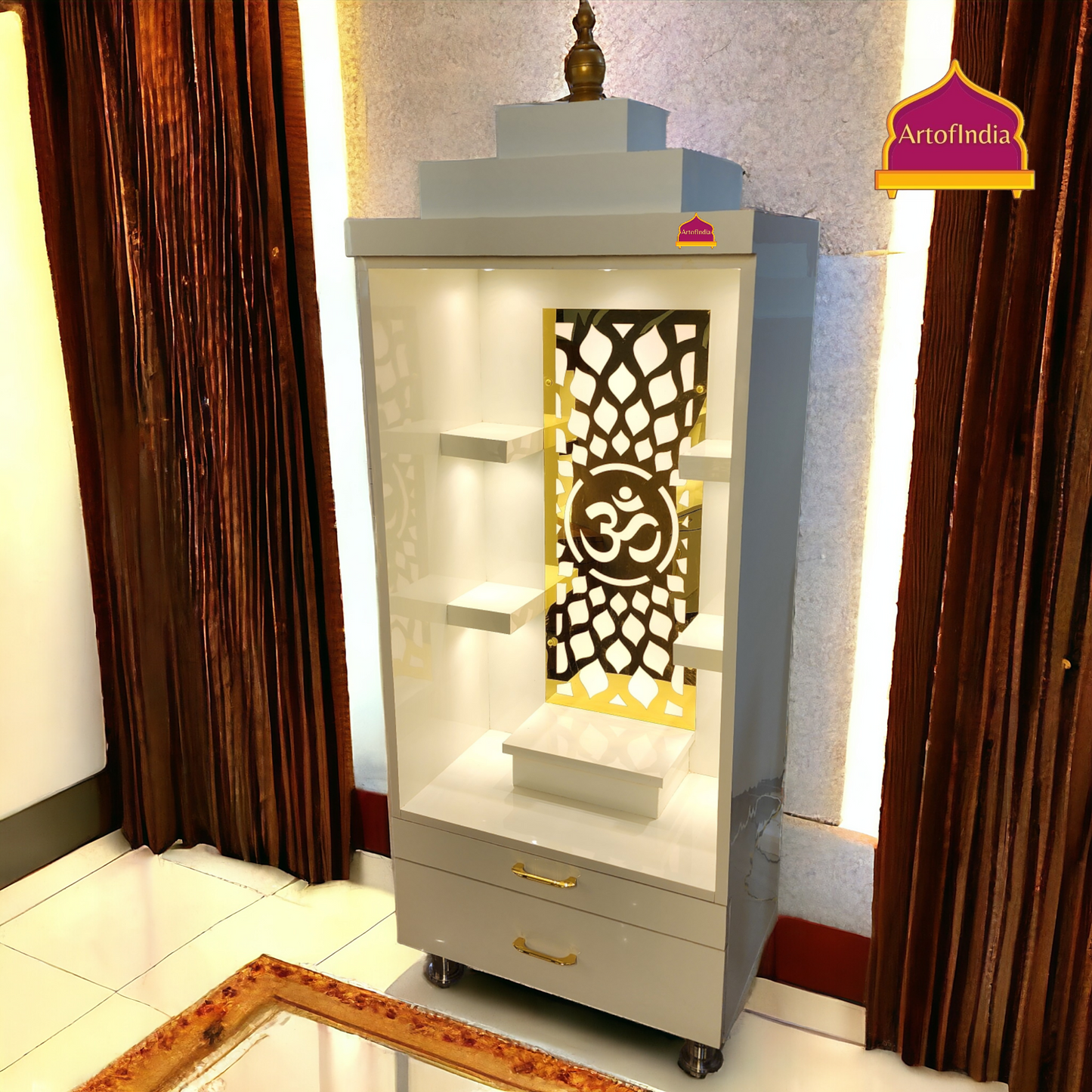 ARTOFINDIA/Beautiful Brown & White Designer Wooden Mandir With Shelfs For Home /Designer Temple