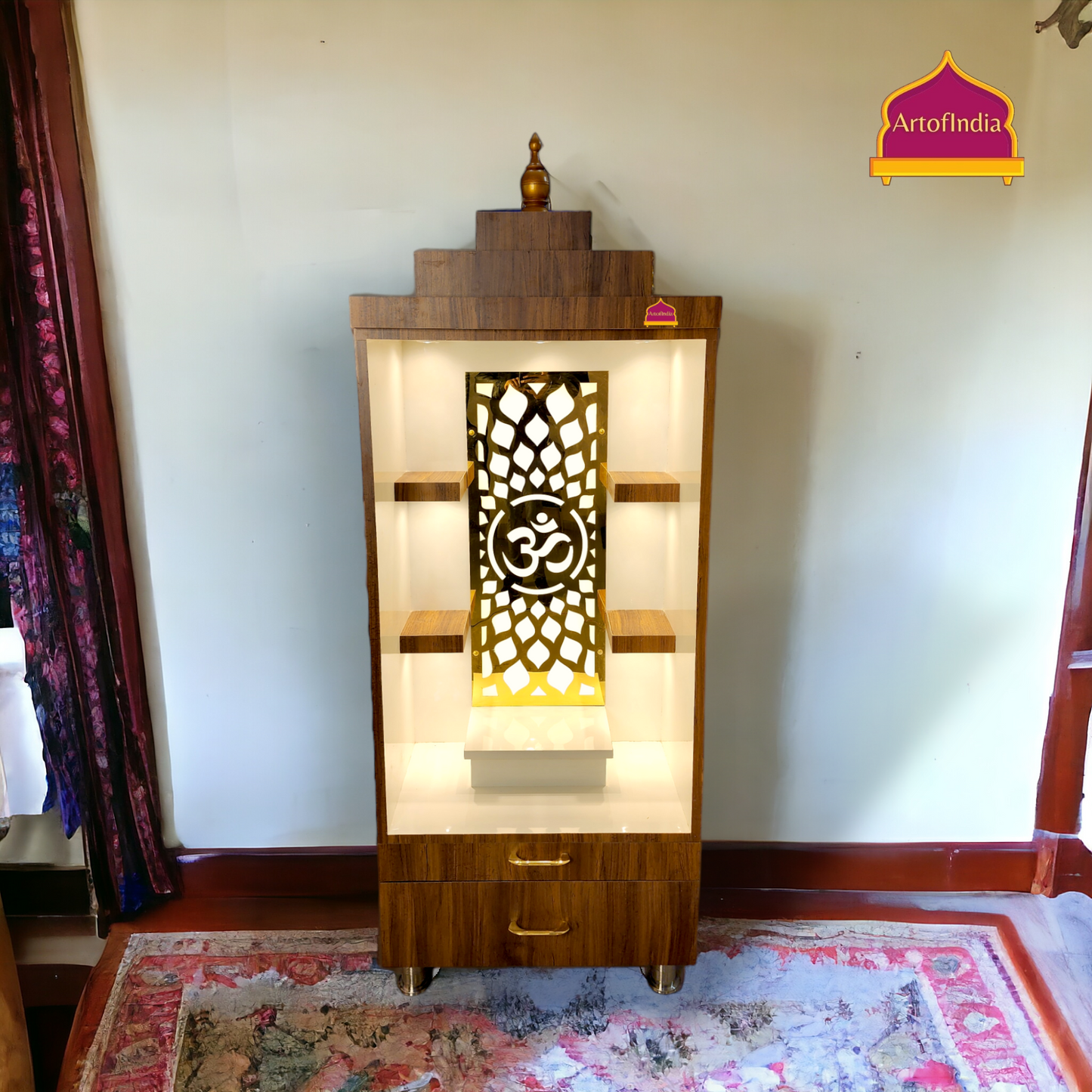 ARTOFINDIA/ Fanciable Brown & White Designer Wooden Mandir With Shelfs For Home /Designer Temple