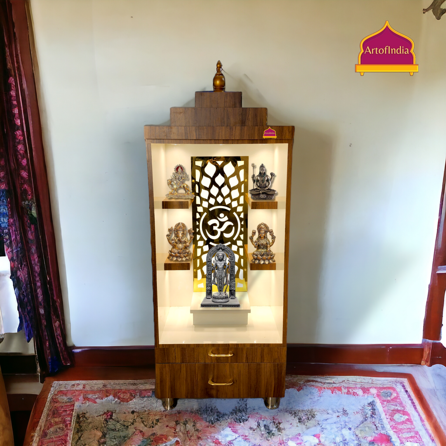 ARTOFINDIA/ Fanciable Brown & White Designer Wooden Mandir With Shelfs For Home /Designer Temple