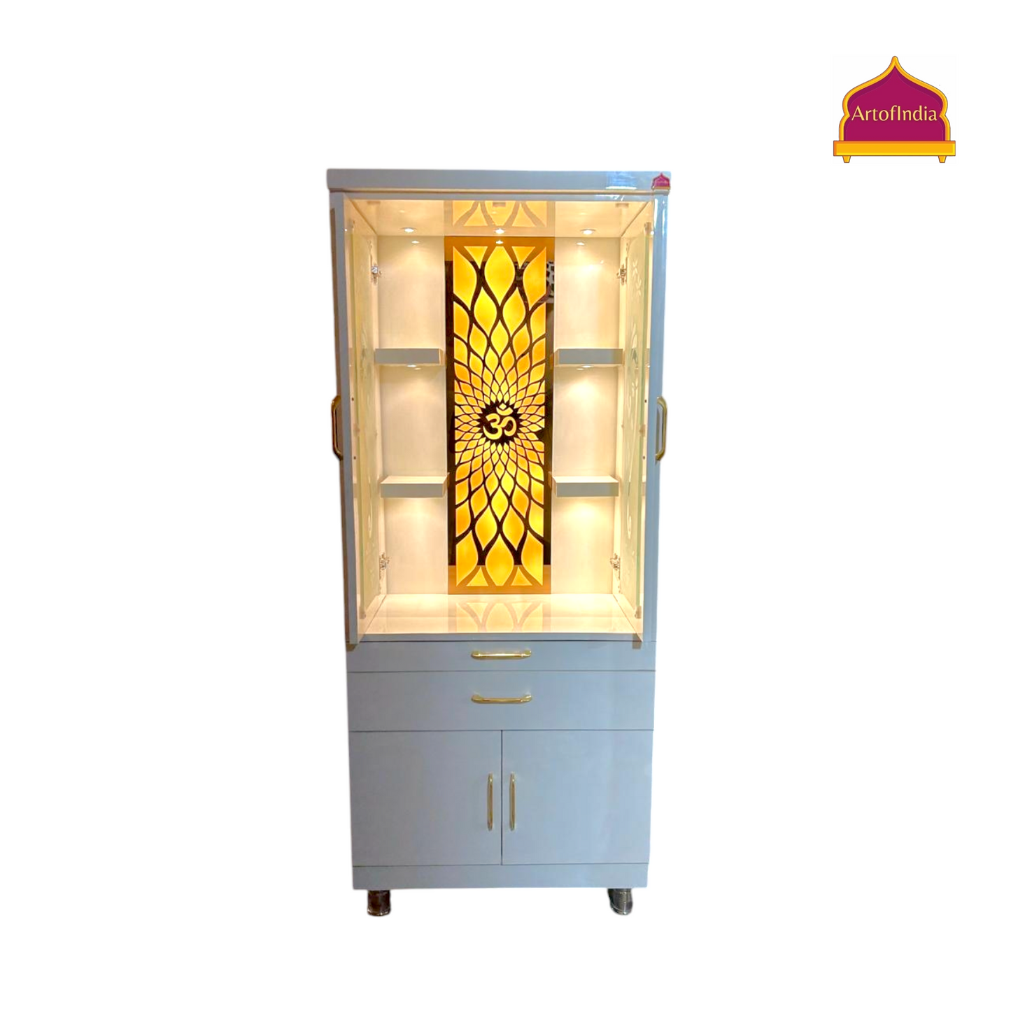 ARTOFINDIA White Wooden Pooja Mandir With  Ganesha glass Door and Drawers Included Tray
