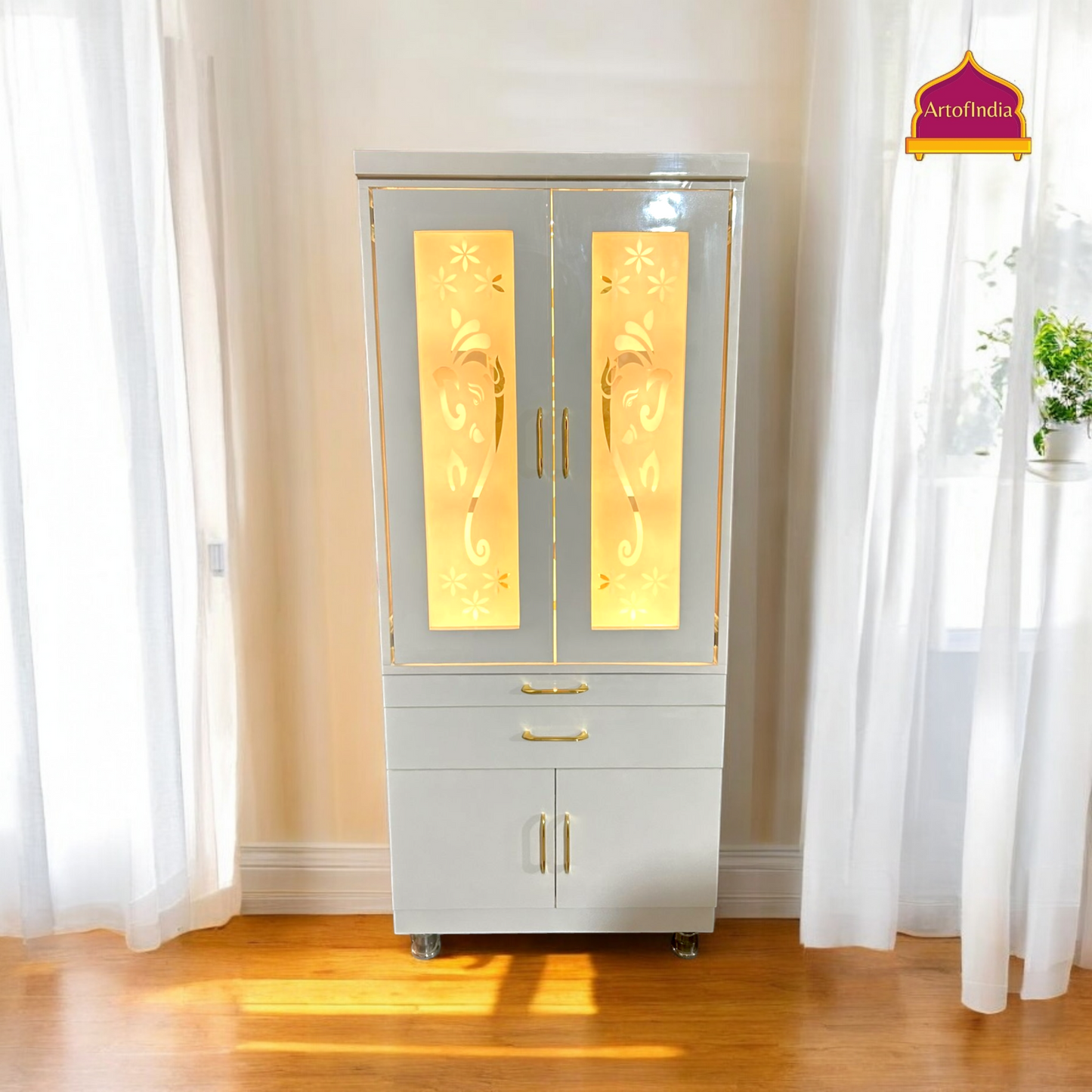 ARTOFINDIA White Wooden Pooja Mandir With  Ganesha glass Door and Drawers Included Tray