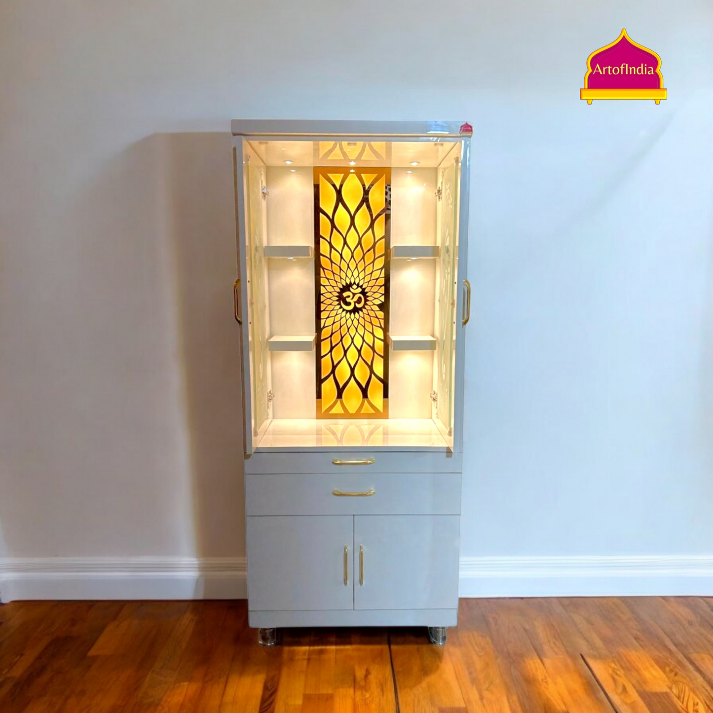 ARTOFINDIA White Wooden Pooja Mandir With  Ganesha glass Door and Drawers Included Tray