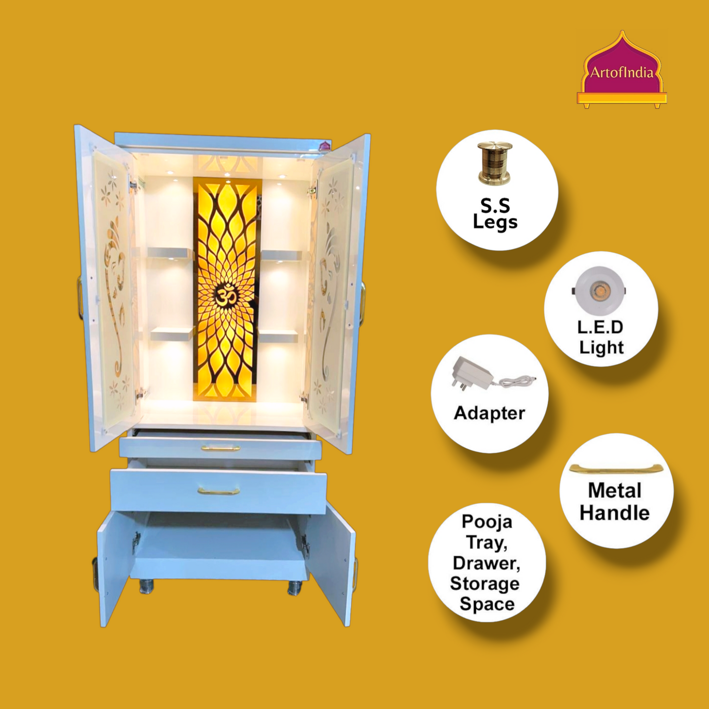 ARTOFINDIA White Wooden Pooja Mandir With  Ganesha glass Door and Drawers Included Tray