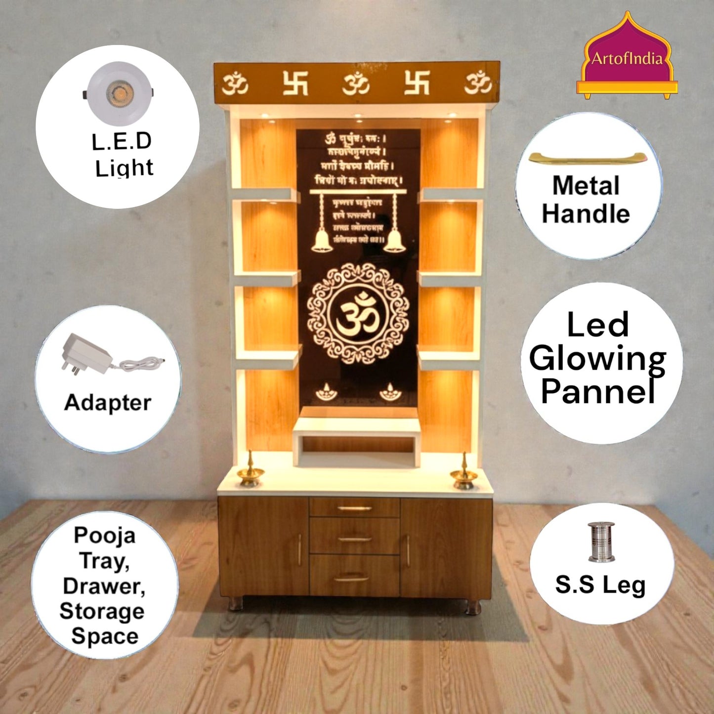 ARTOFINDIA White Brown Wooden Pooja Mandir With Om Glass  and Drawers Included Tray