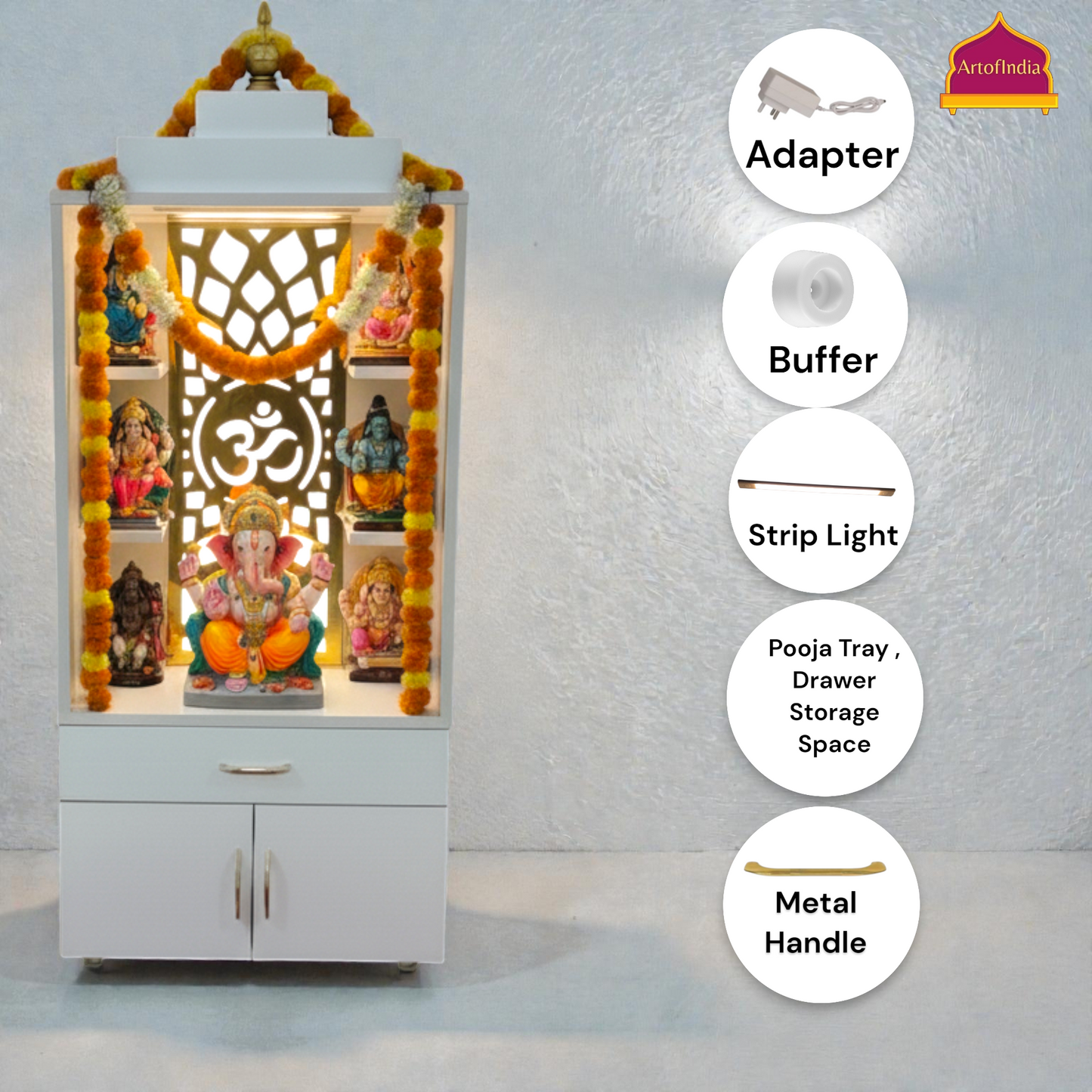 ARTOFINDIA White Wooden Pooja Mandir  With Om Jali With Folding Gumbad Drawers Including Tray
