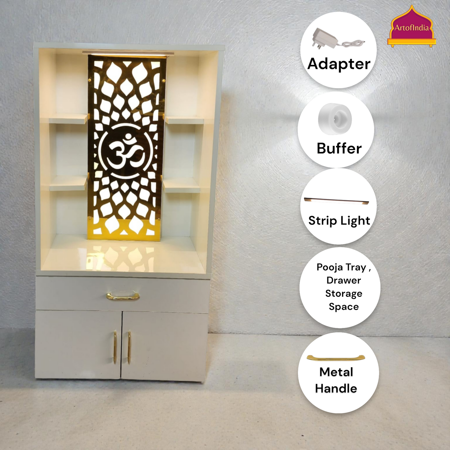ARTOFINDIA White Wooden Pooja Mandir  With Om Jali With Drawers Including Tray