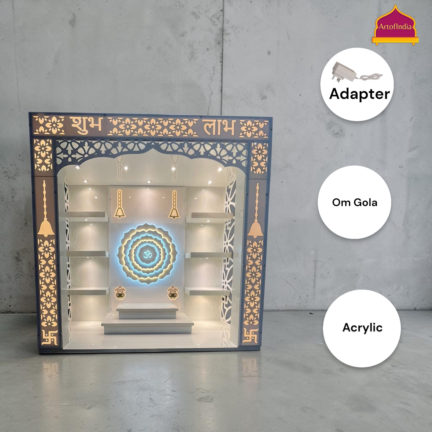 ARTOFINDIA White Wooden Pooja Mandir With Om Gola With Acrylic design With Step