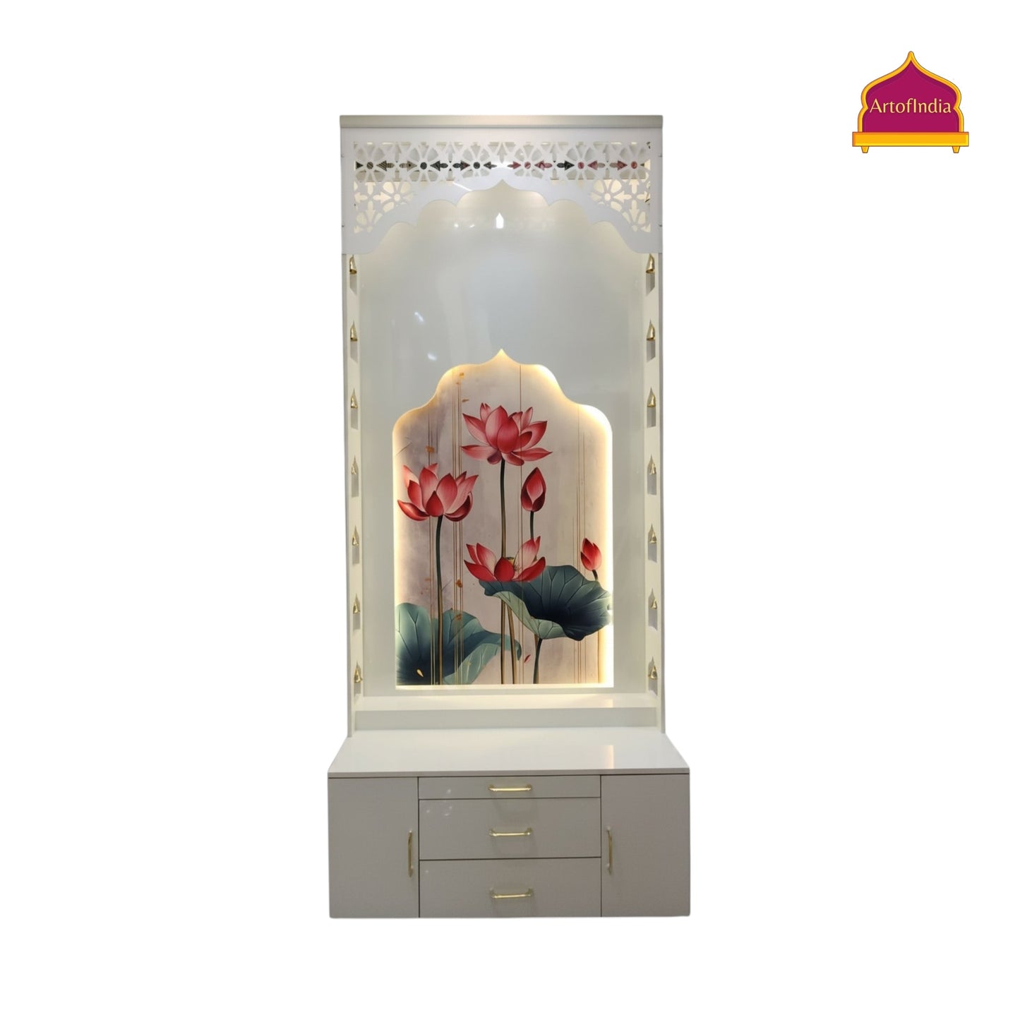 ARTOFINDIA White Wooden Pooja Mandir With Lotus Design & bells &  Mehrab   and Drawers Included Tray
