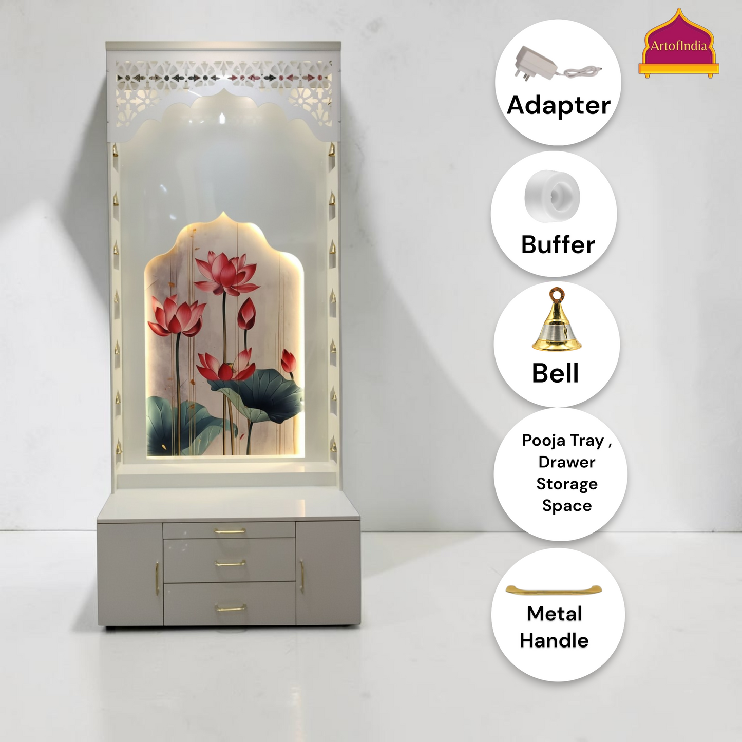 ARTOFINDIA White Wooden Pooja Mandir With Lotus Design & bells &  Mehrab   and Drawers Included Tray