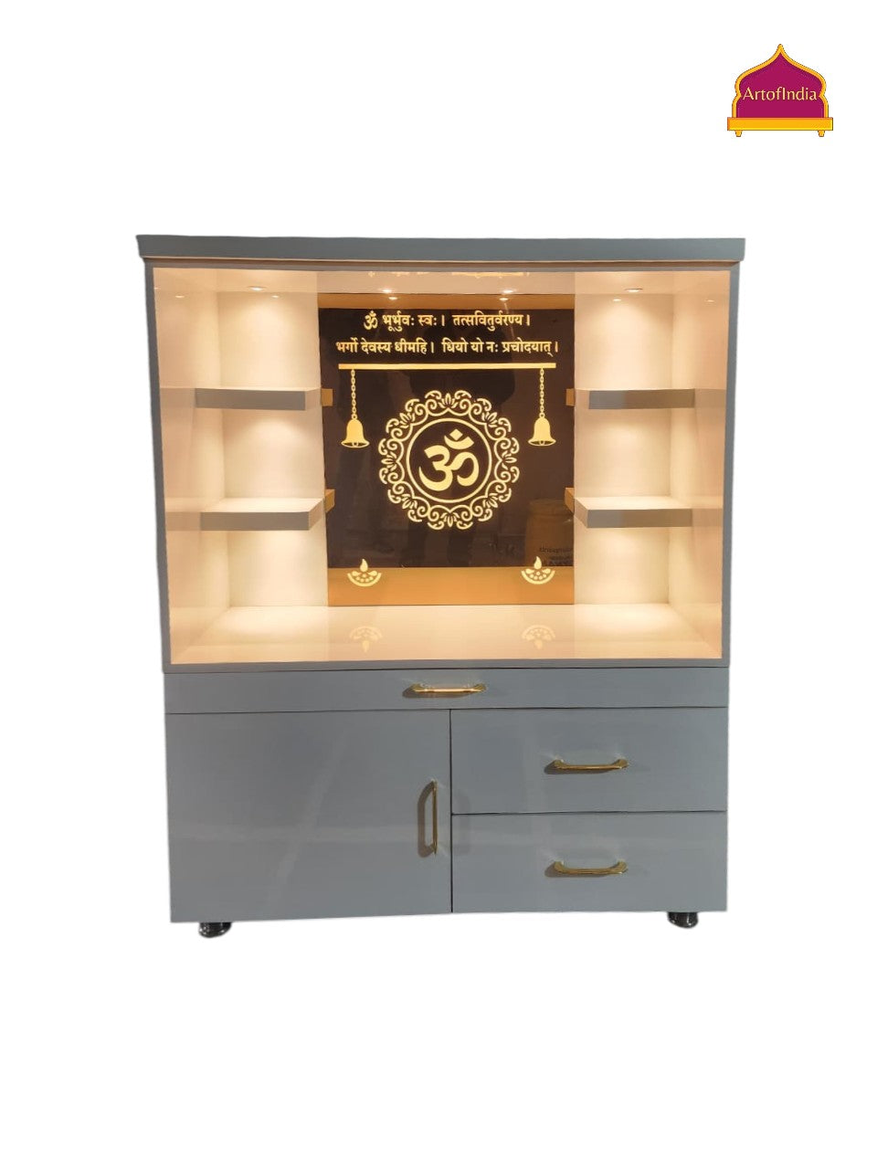 ARTOFINDIA White Wooden Pooja Mandir With  Om Glass  & Shelfs and Drawers Included Tray