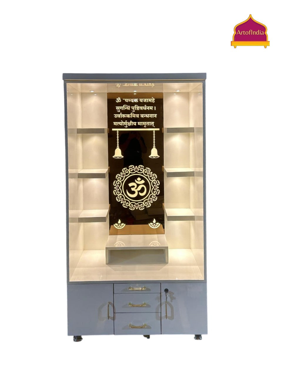ARTOFINDIA White Wooden Pooja Mandir With Om Glass & and Drawers Included Tray