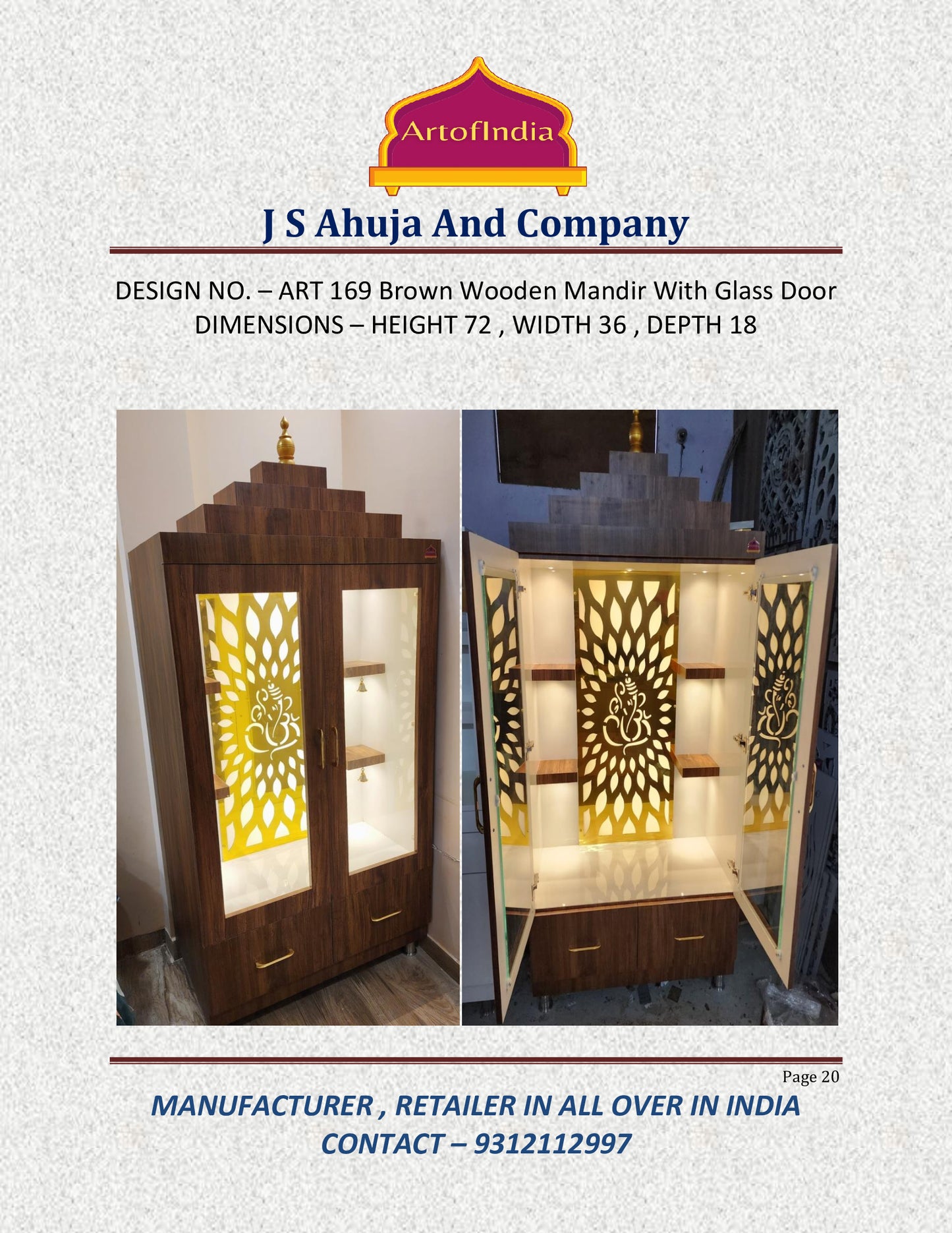 ARTOFINDIA/Beautiful Brown Wooden Designer Mandir (Ganesha) With Glass Doors & Shelfs For Home /Designer Temple