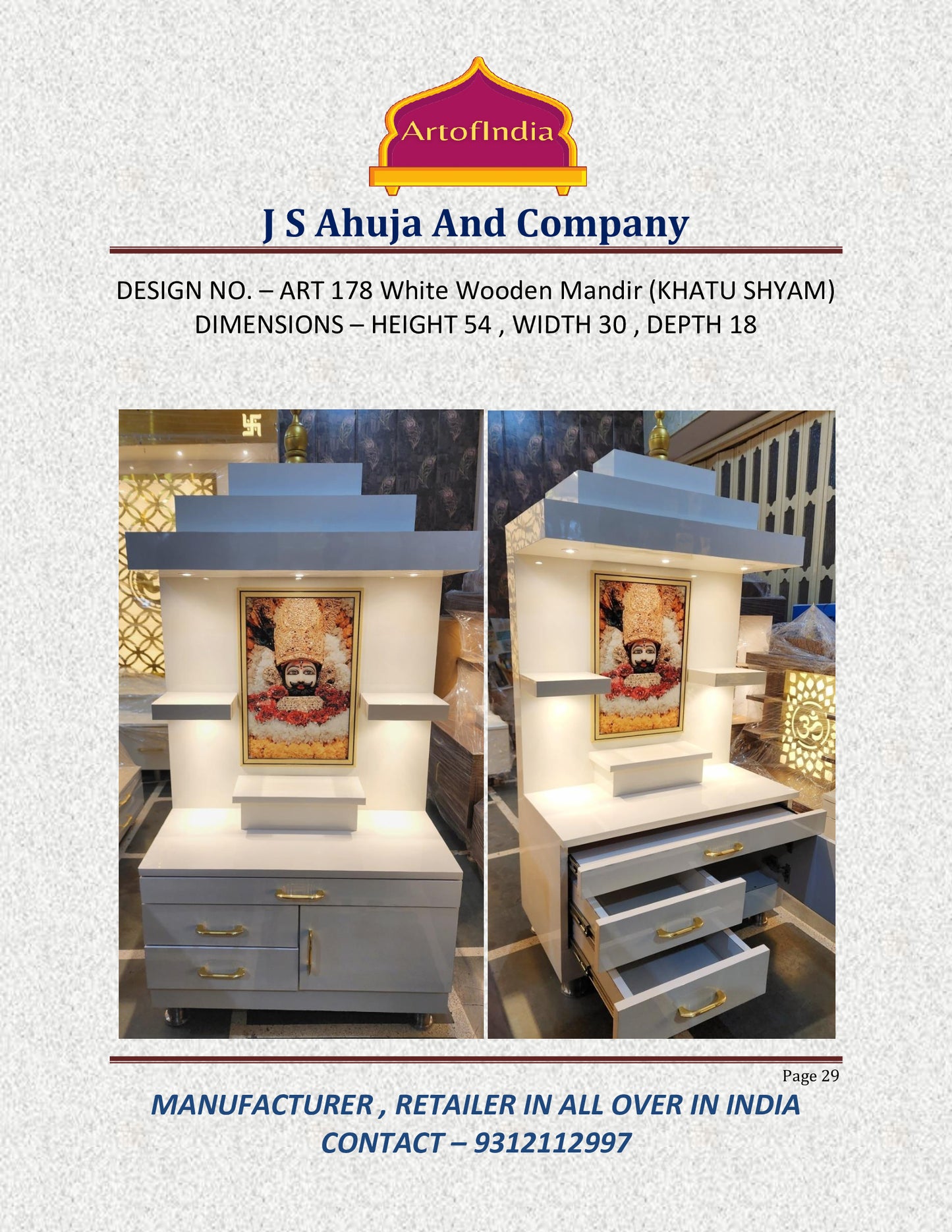 ARTOFINDIA/ Gorgeous White Wooden Designer Mandir With Photo (KHATU SHYAM) & Shelfs For Home /Designer Temple