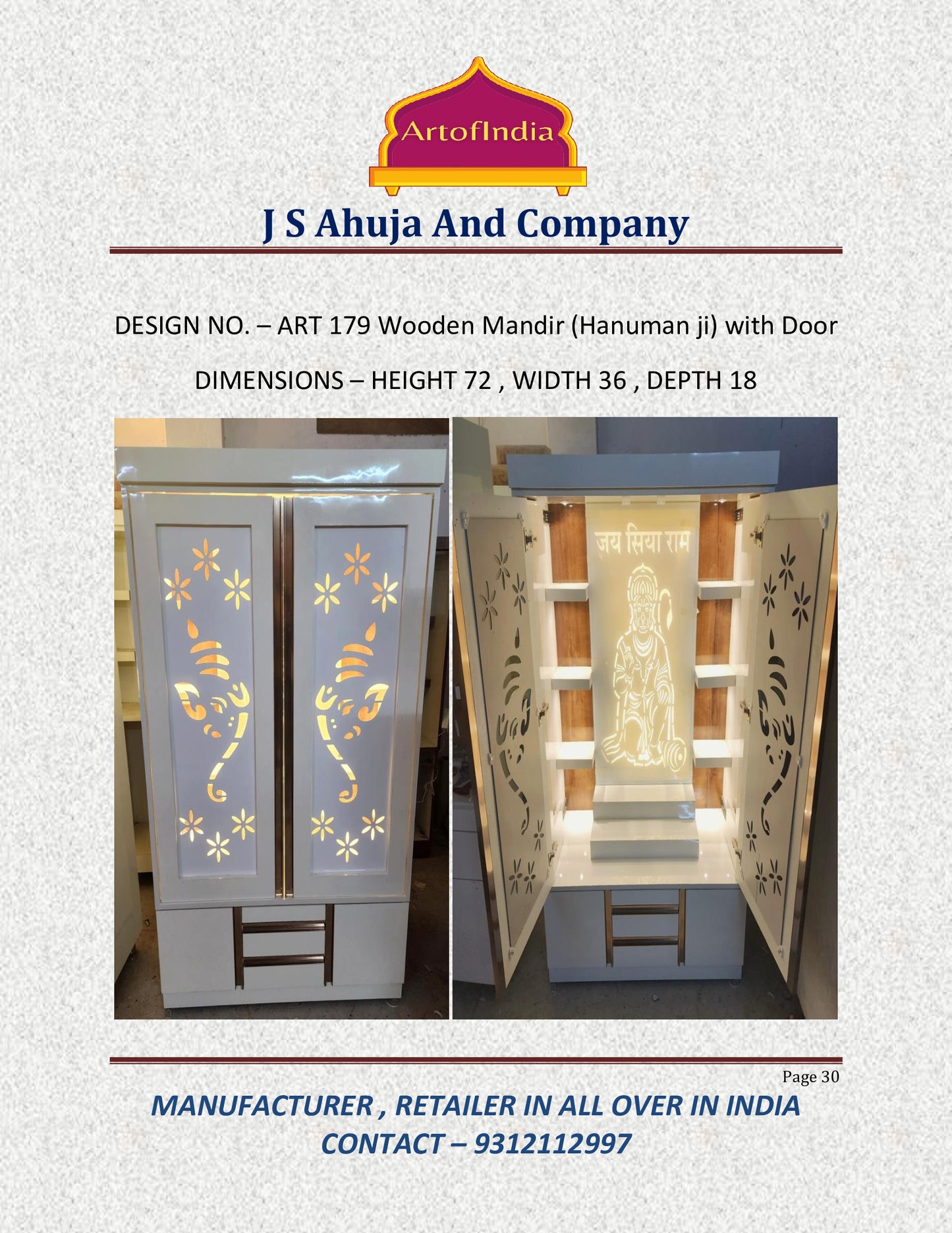 ARTOFINDIA/Beautiful White Wooden Designer Mandir (HANUMAN JI) With Doors (GANESHA) & Shelfs For Home /Designer Temple