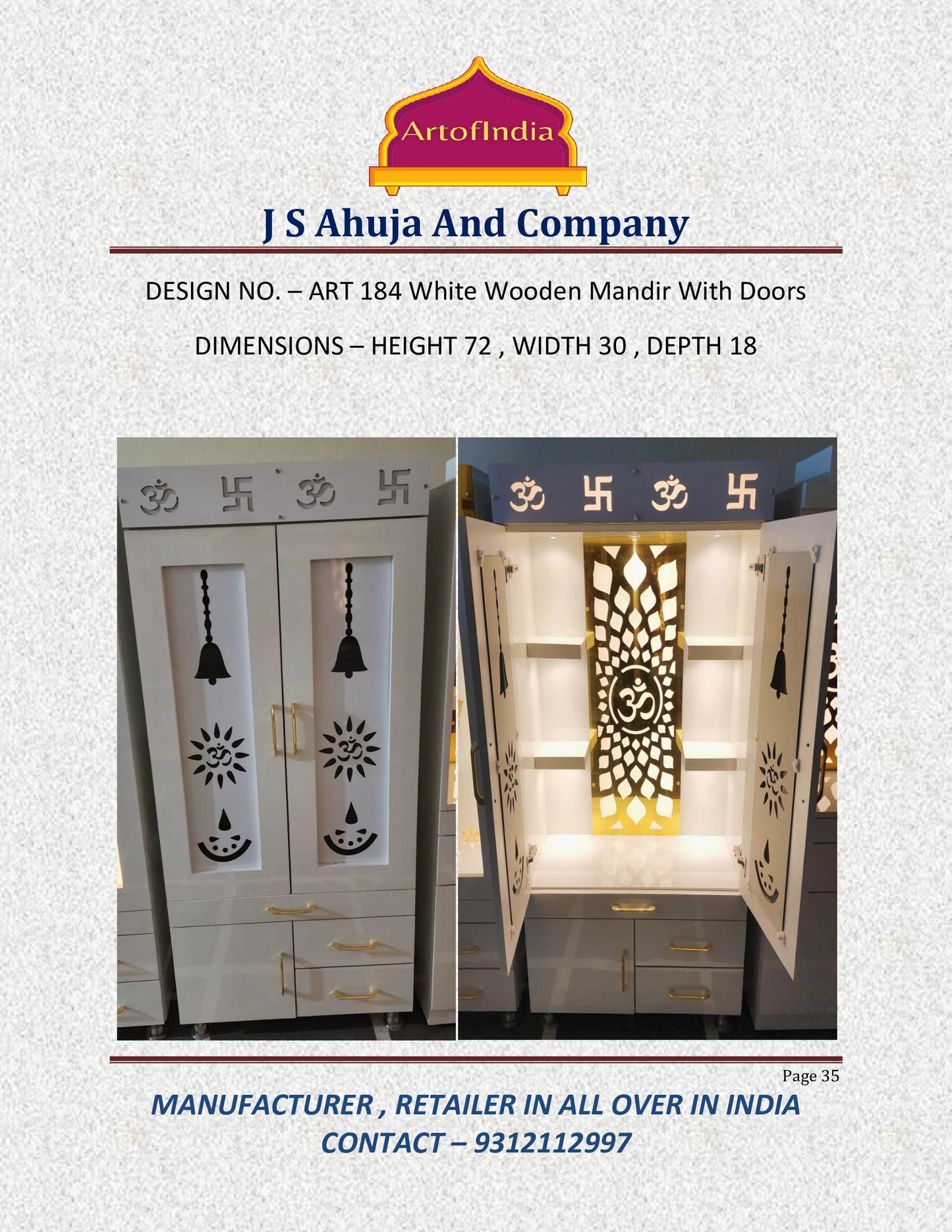 ARTOFINDIA/Elegant White Designer Wooden Mandir With Designer Doors & Shelfs For Home /Designer Temple