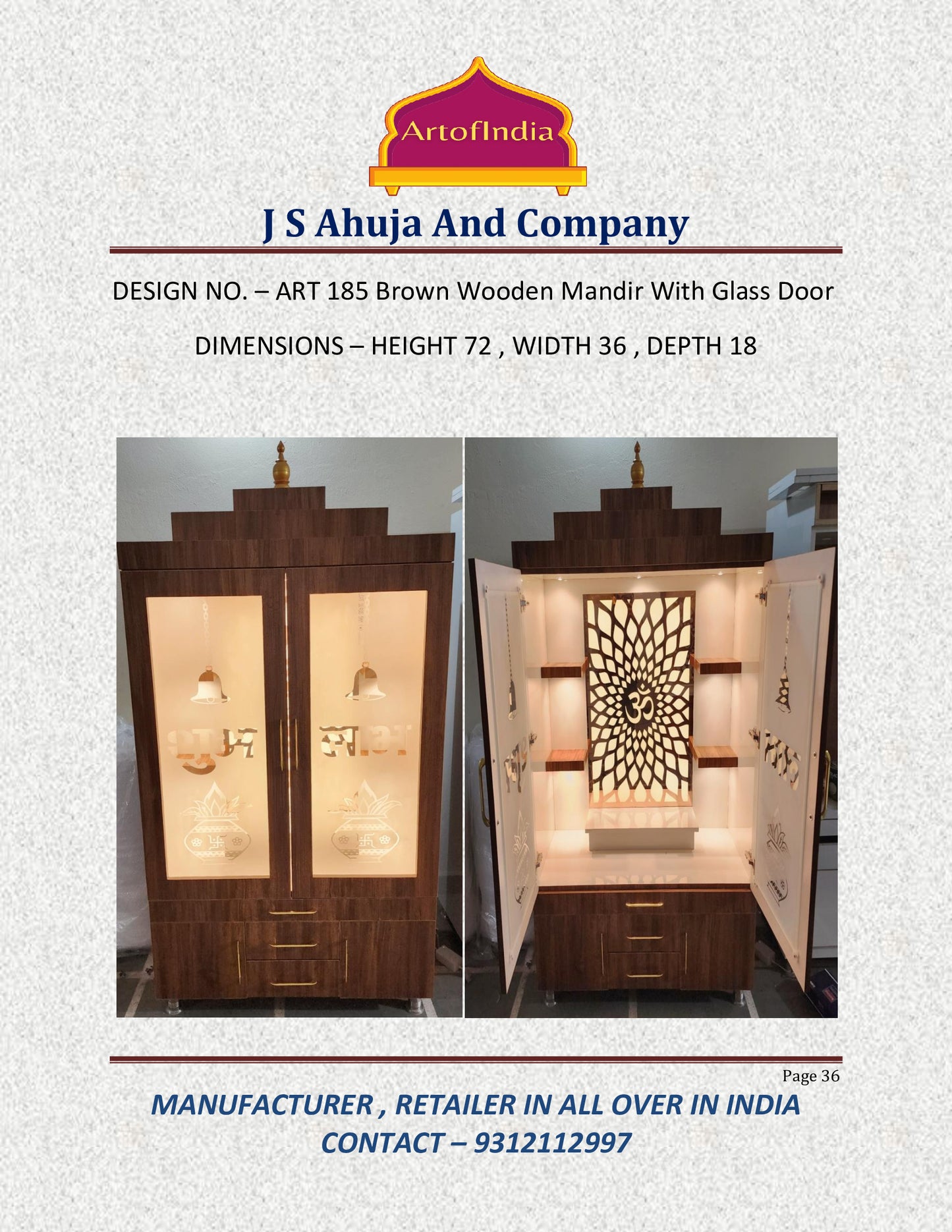 ARTOFINDIA/Elegant Brown Designer Wooden Mandir With Designer (SHUBH~LABH) Glass Doors & Shelfs For Home /Designer Temple