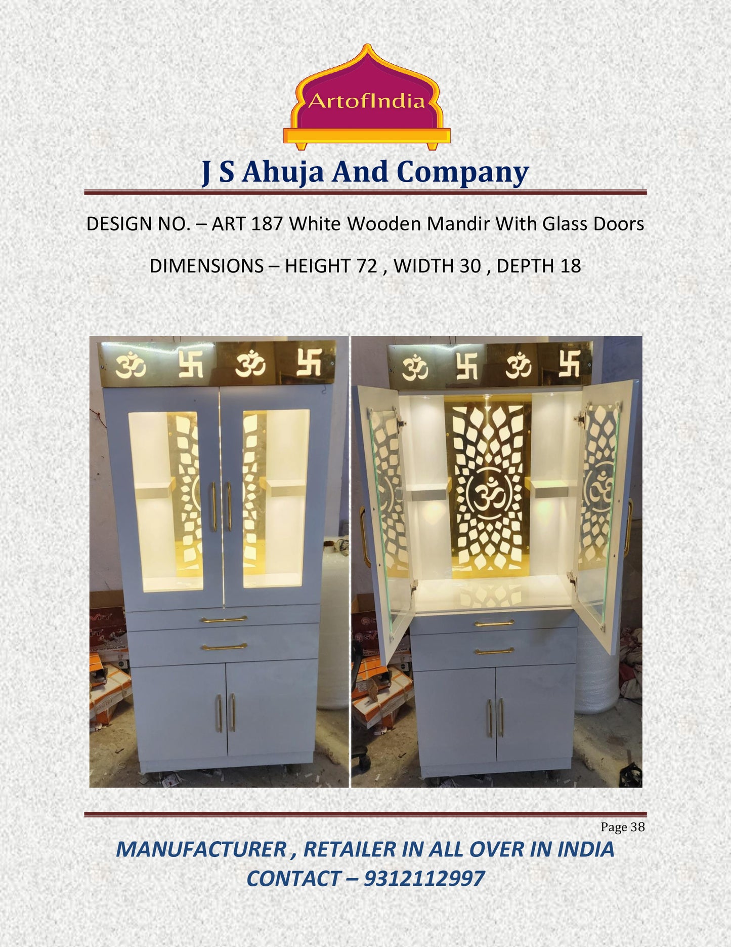 ARTOFINDIA/Elegant White Designer Wooden Mandir With Glass Doors For Home/Designer Temple