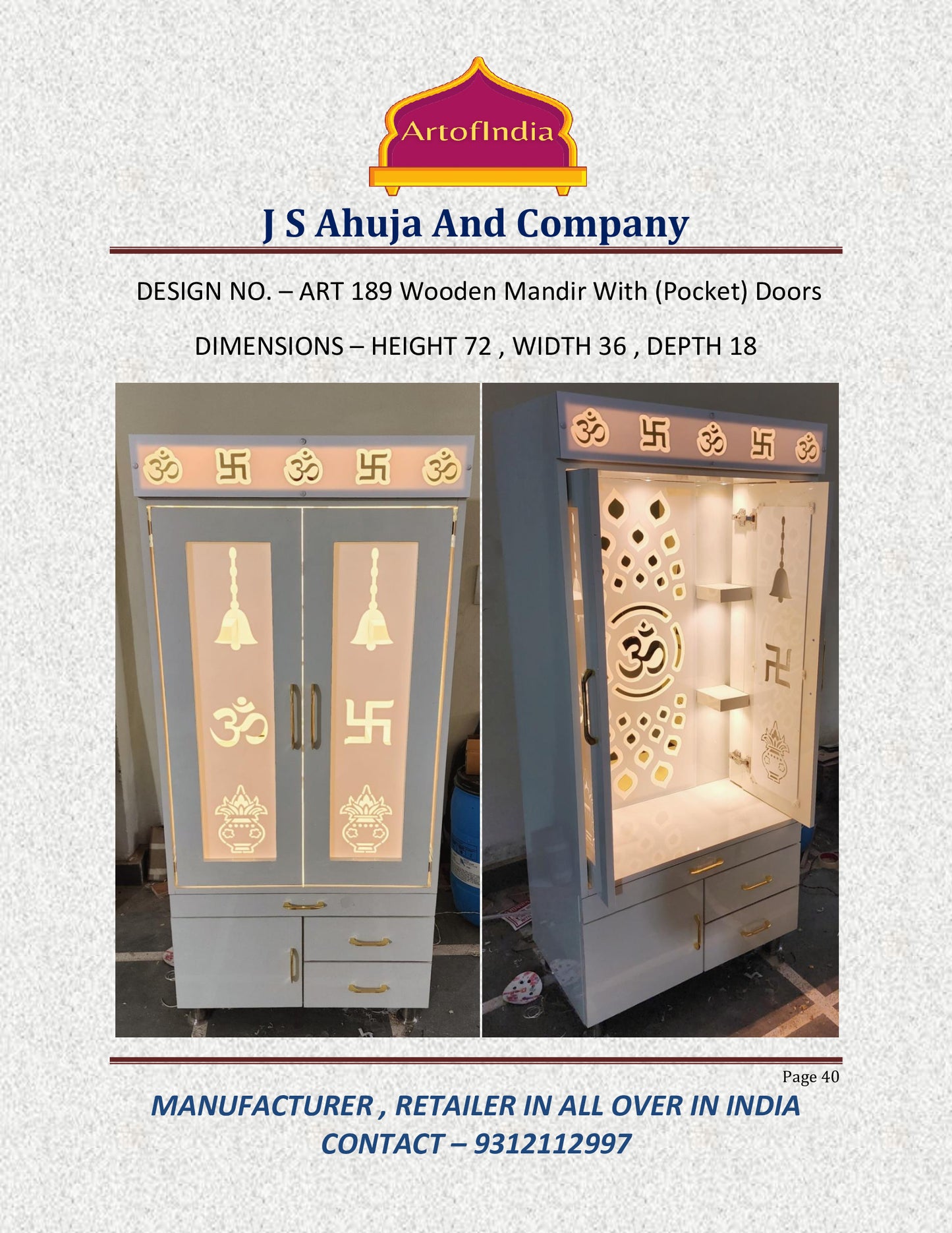 ARTOFINDIA/Beautiful White Designer Wooden Mandir With (POCKET) Doors & Shelfs For Home/Designer Temple