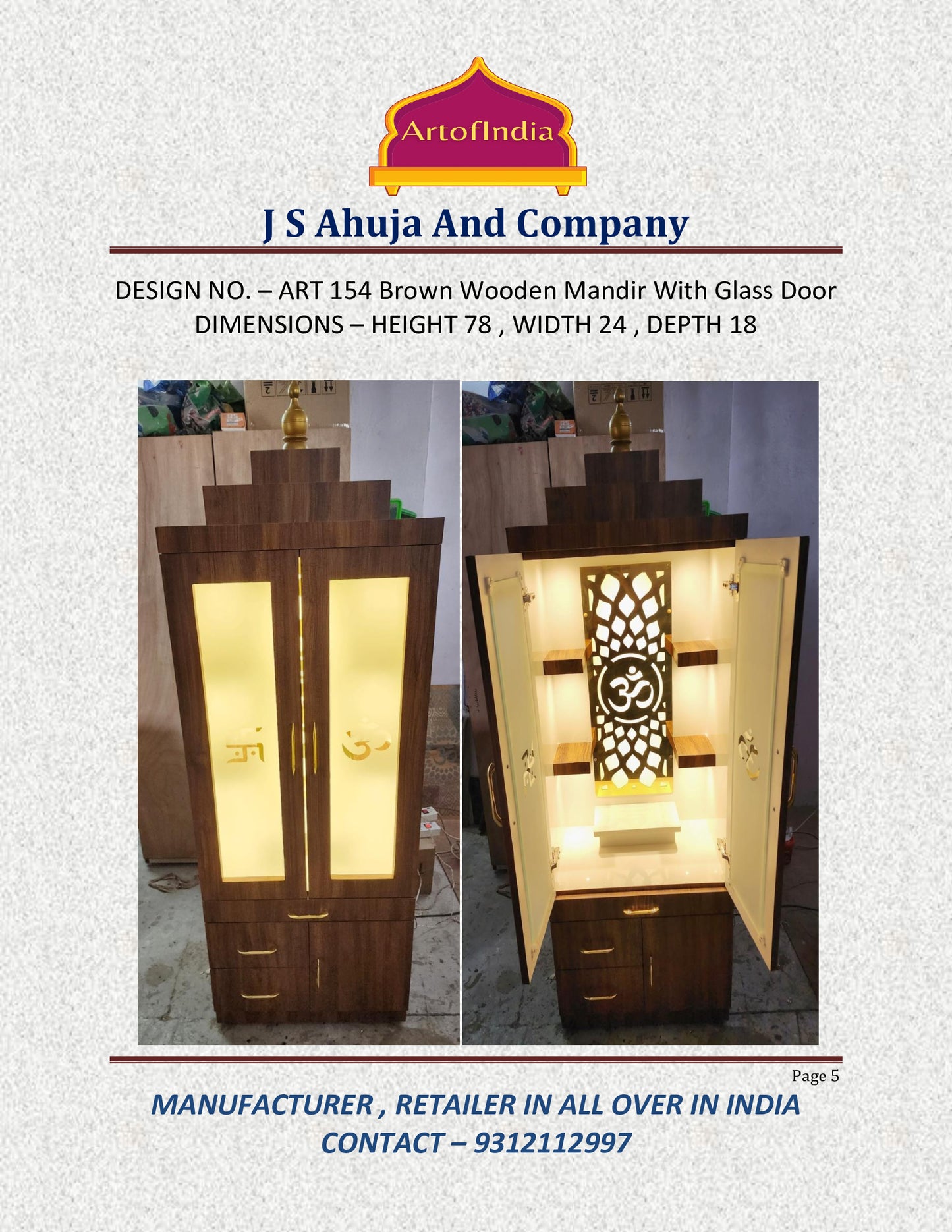 ARTOFINDIA/Beautiful Brown Wooden Mandir With Designer Glass Door & Shelfs For Home /Designer Temple