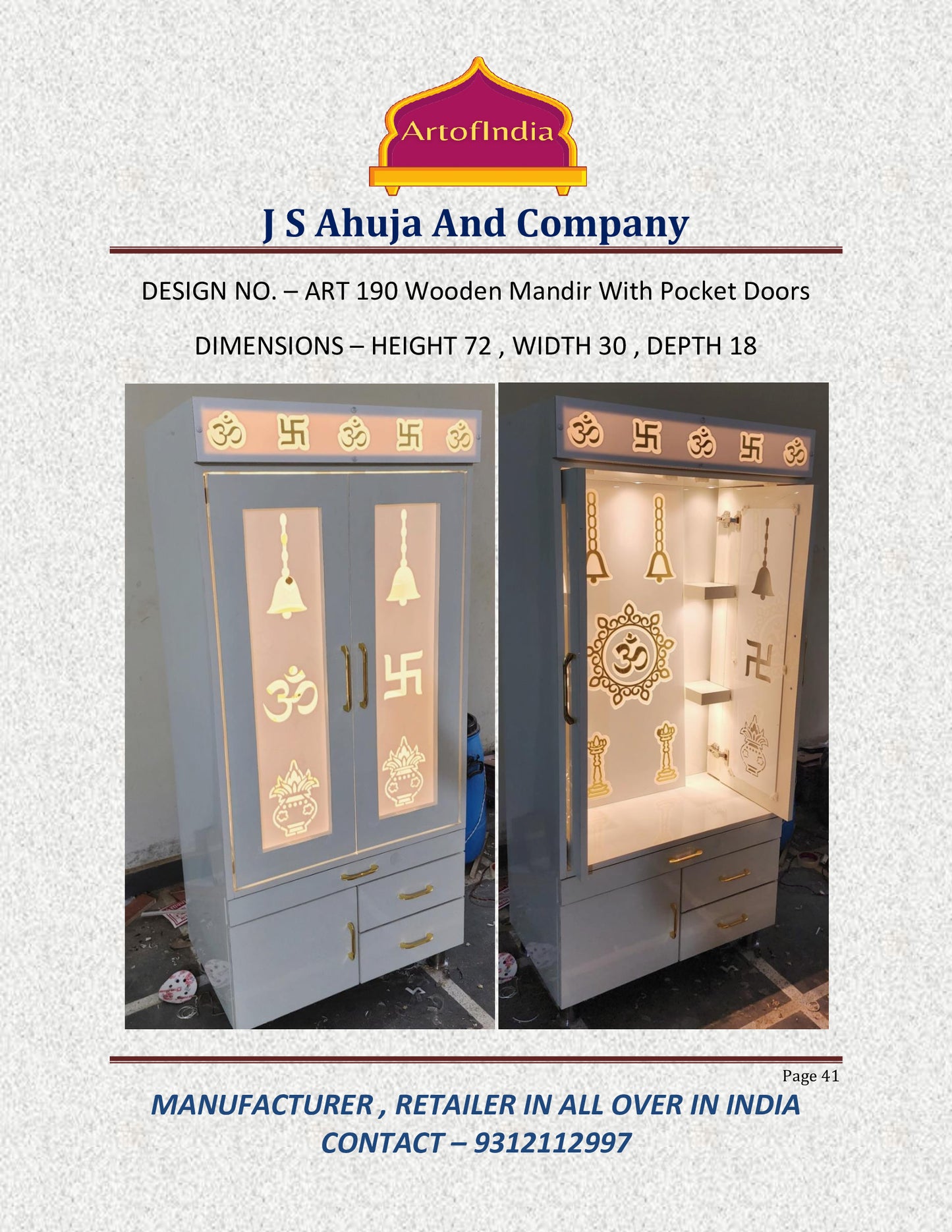 ARTOFINDIA/Elegant White Designer Wooden Mandir With (POCKET) Doors & Shelfs For Home/Designer Temple