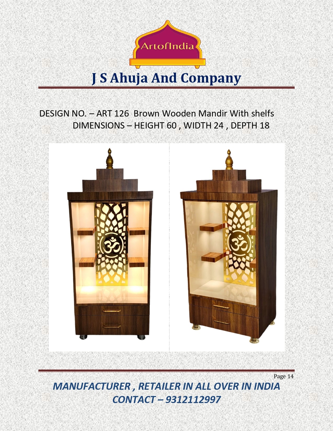 ARTOFINDIA/Beautiful Brown & White Designer Wooden Mandir With Shelfs For Home /Designer Temple