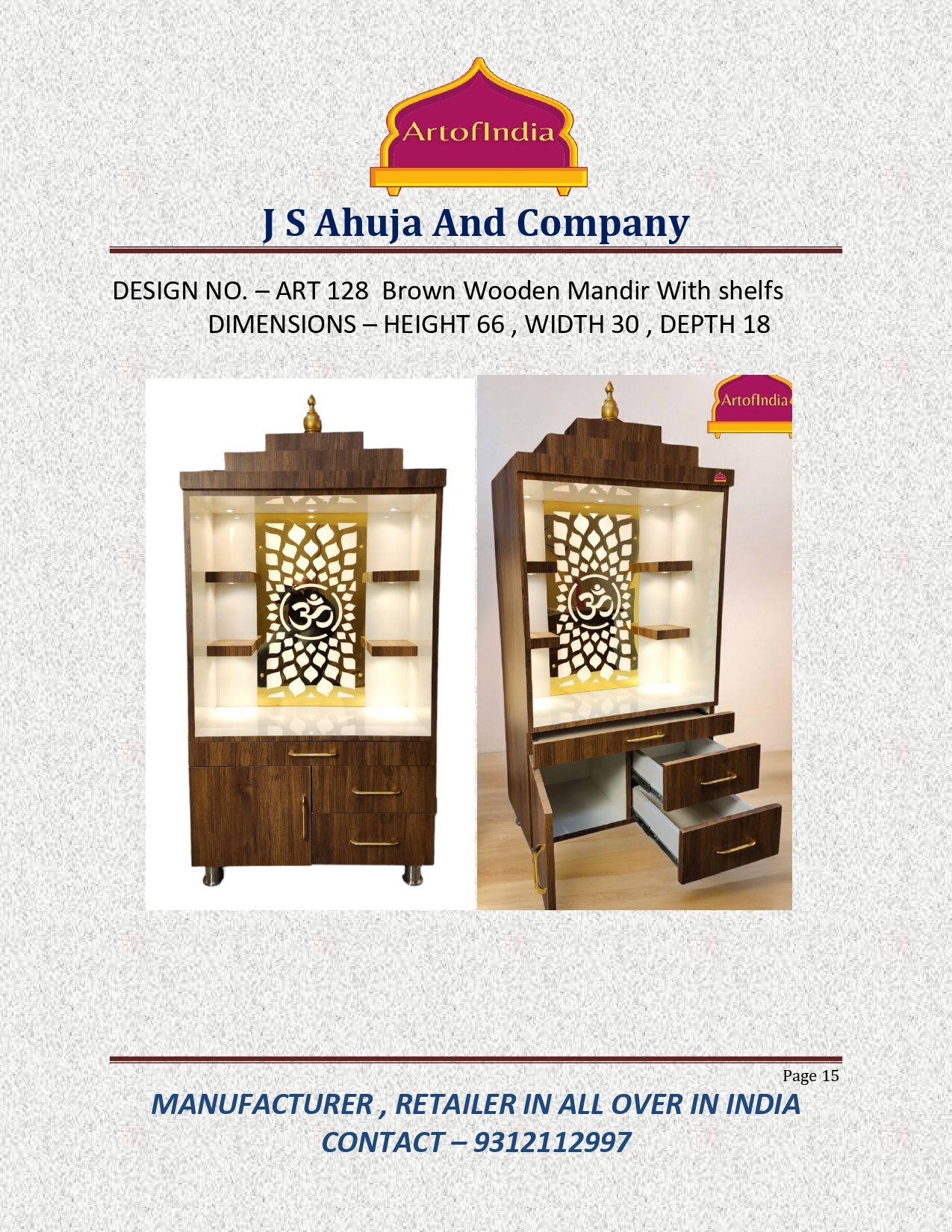 ARTOFINDIA/Beautiful Brown & White Designer Wooden Mandir With Shelfs For Home /Designer Temple