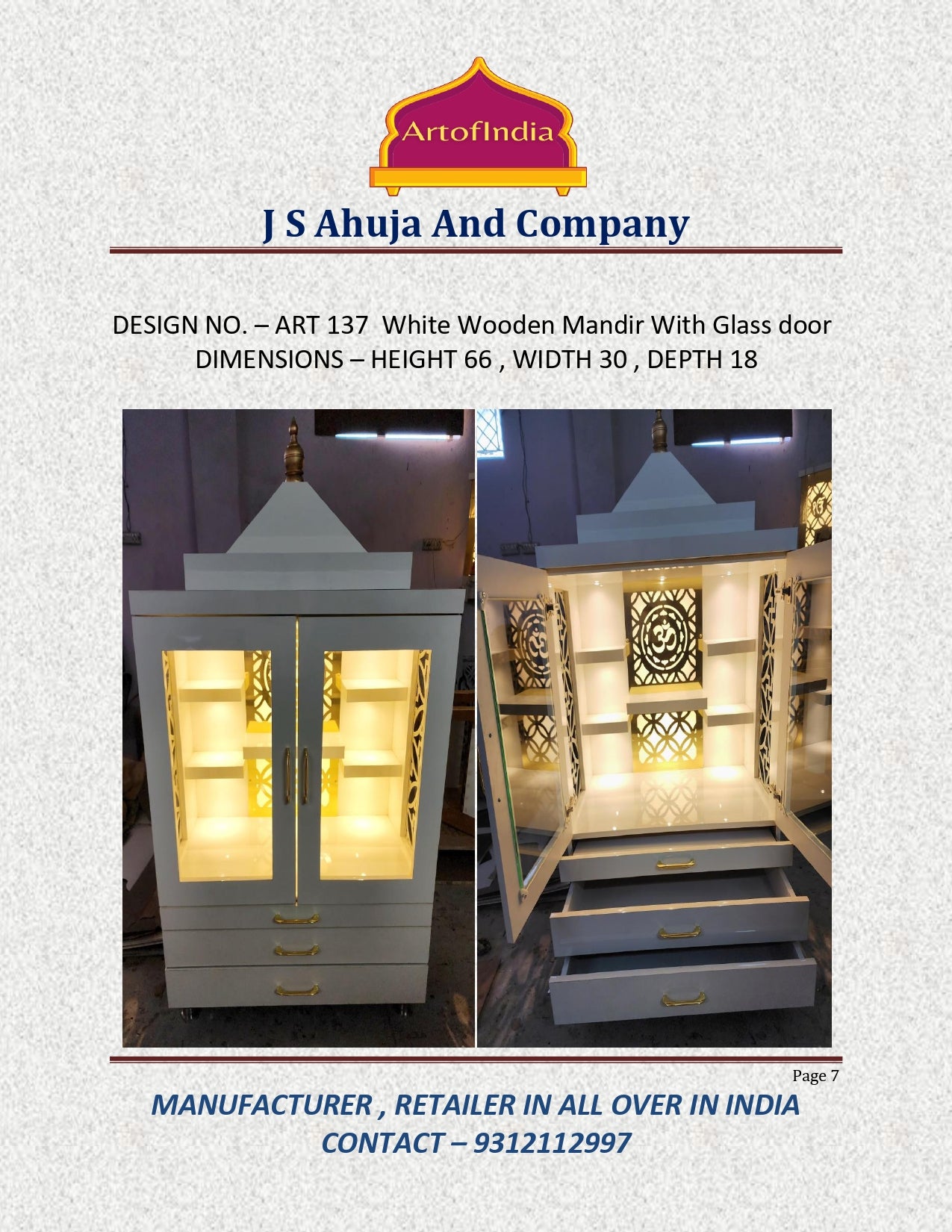 ARTOFINDIA/Beautiful White Designer Wooden Mandir With Glass Door For Home /Designer Temple