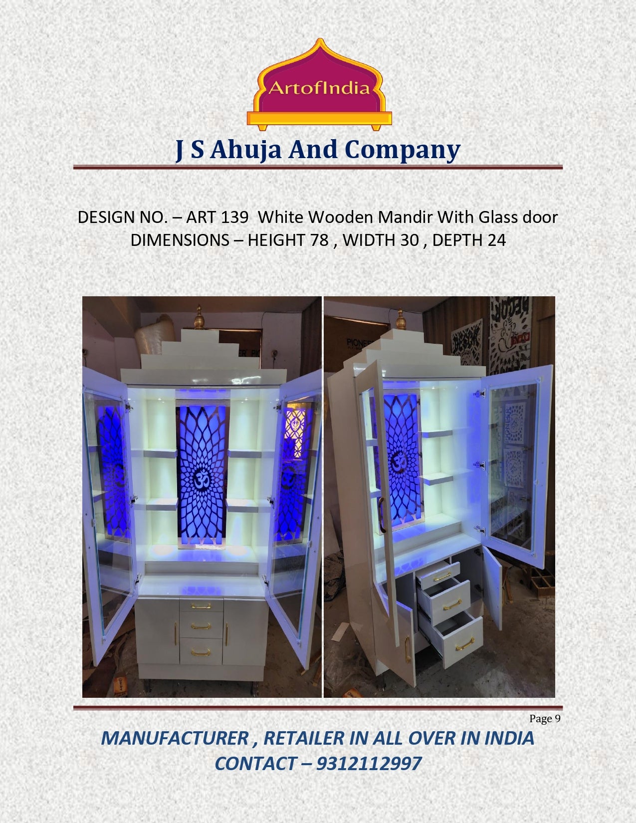 ARTOFINDIA/Beautiful White Wooden Designer Mandir With Glass Door For Home /Designer Temple