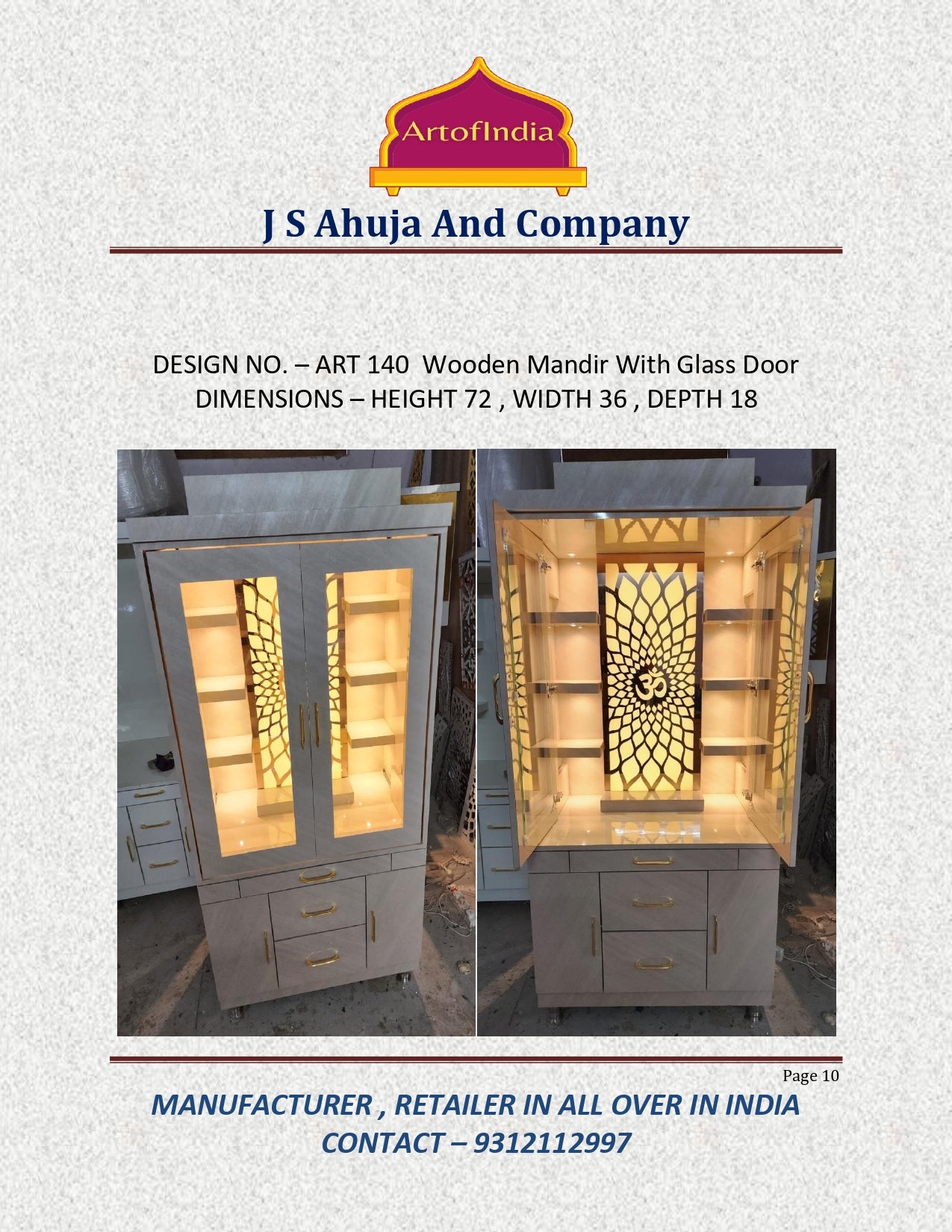 ARTOFINDIA/Beautiful White Wooden Designer Mandir With Glass Door For Home /Designer Temple