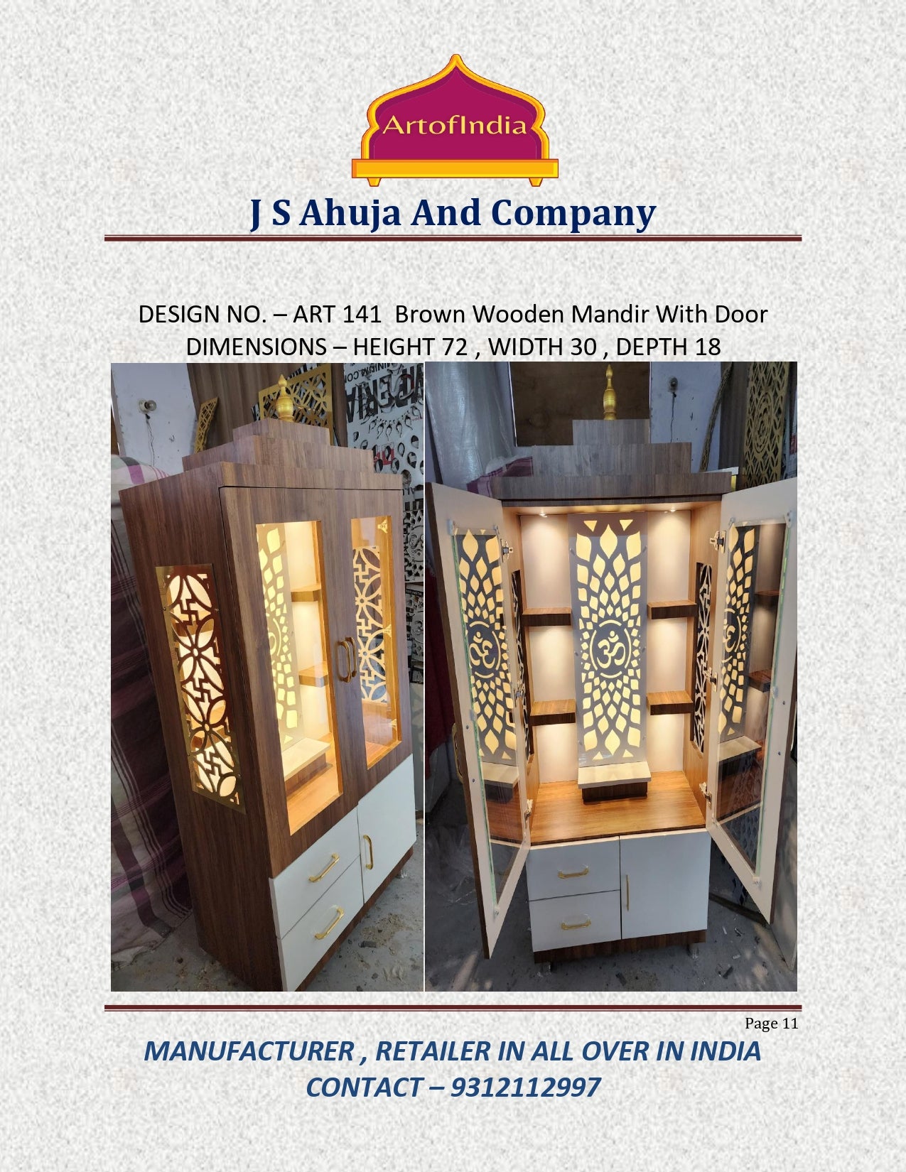 ARTOFINDIA/Elegant Brown Wooden Designer Mandir With Glass Door For Home /Designer Temple