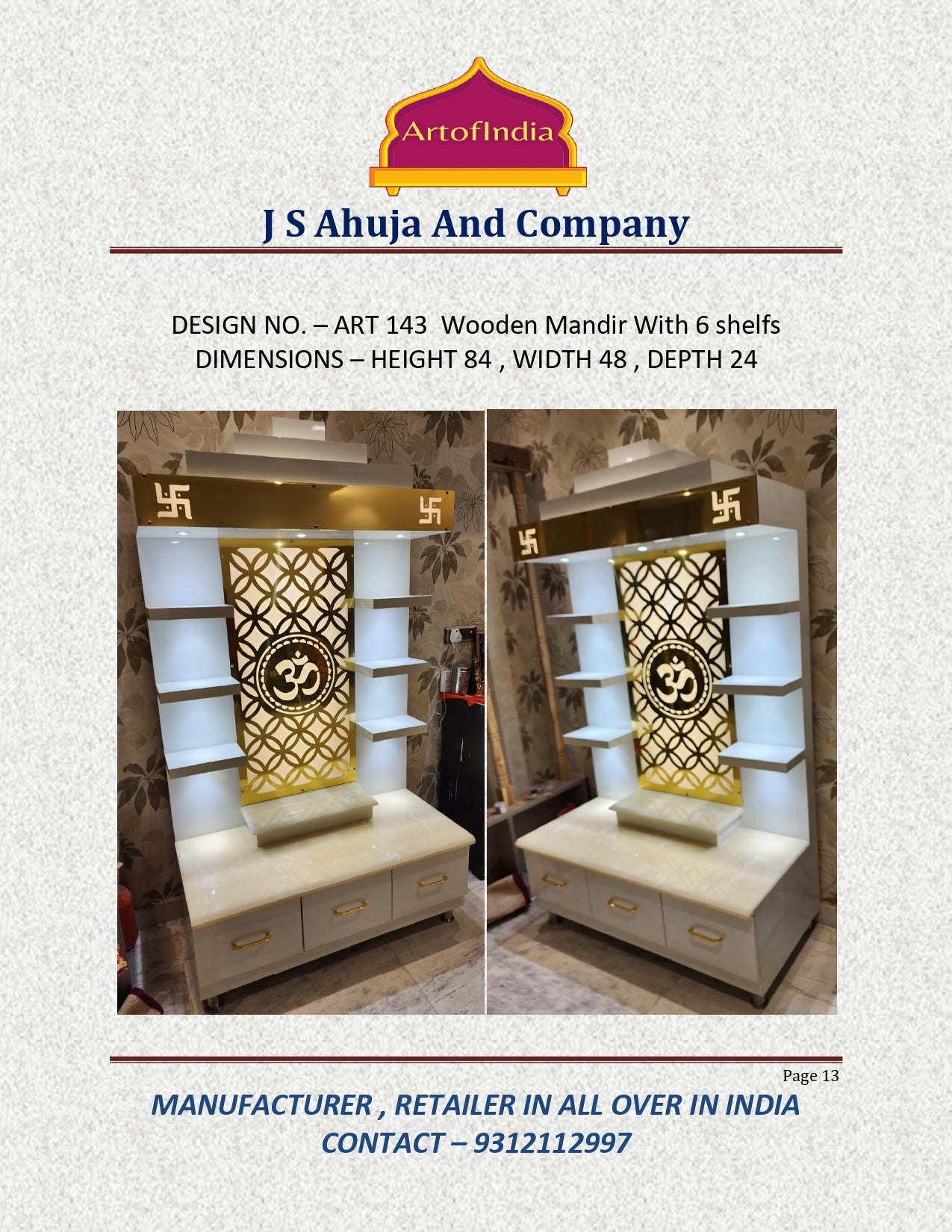 ARTOFINDIA/Beautiful White Wooden Designer Mandir With Shelfs For Home /Designer Temple