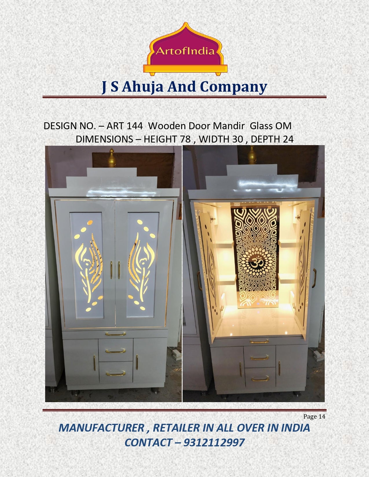 ARTOFINDIA/Beautiful White Wooden Designer Mandir With Backlight Glass & (MOR PANKH) Door For Home /Designer Temple