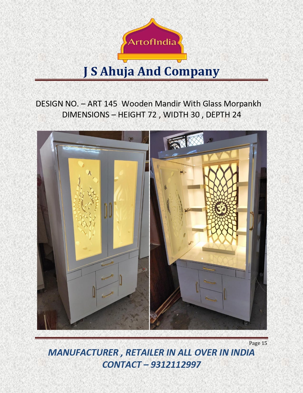 ARTOFINDIA/Fanciable White Wooden Designer Mandir With Glass (MOR PANKH) Door For Home /Designer Temple